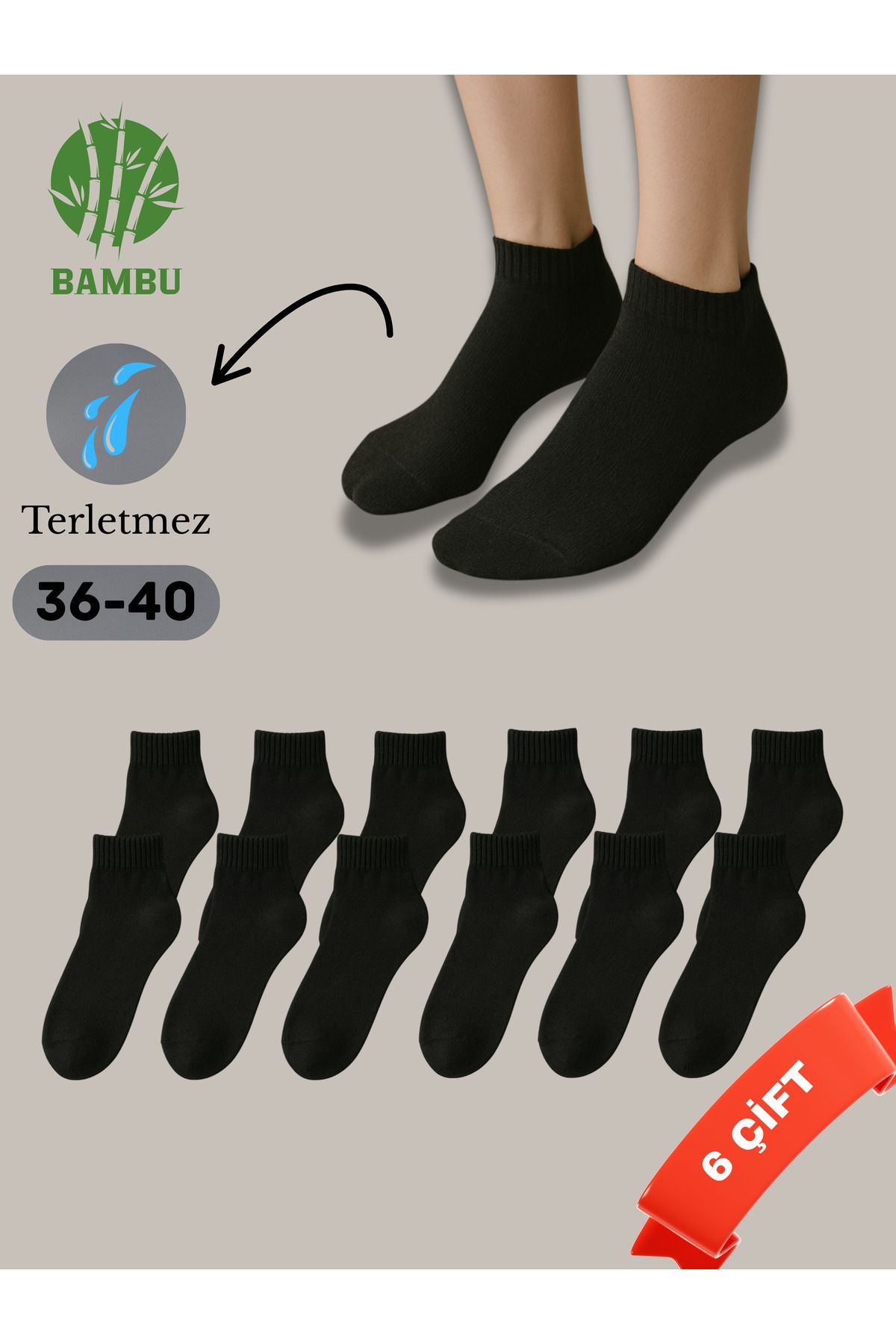 Home Bambu Kadın Patik Siyah Çorap Dikişsiz 6'lı Paket