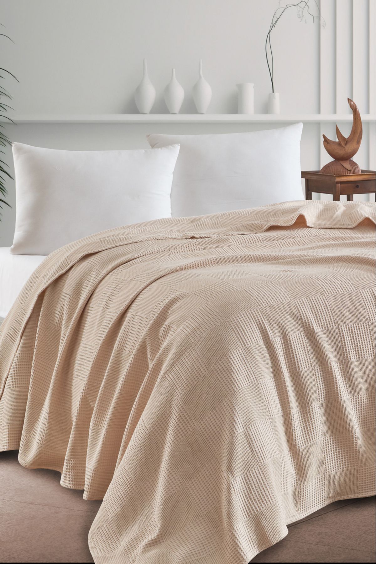 Eponj Home Çift Kişilik %100 Pamuk Pike Örtü 200x230 cm – Karo Desenli Bej – Weave Serisi