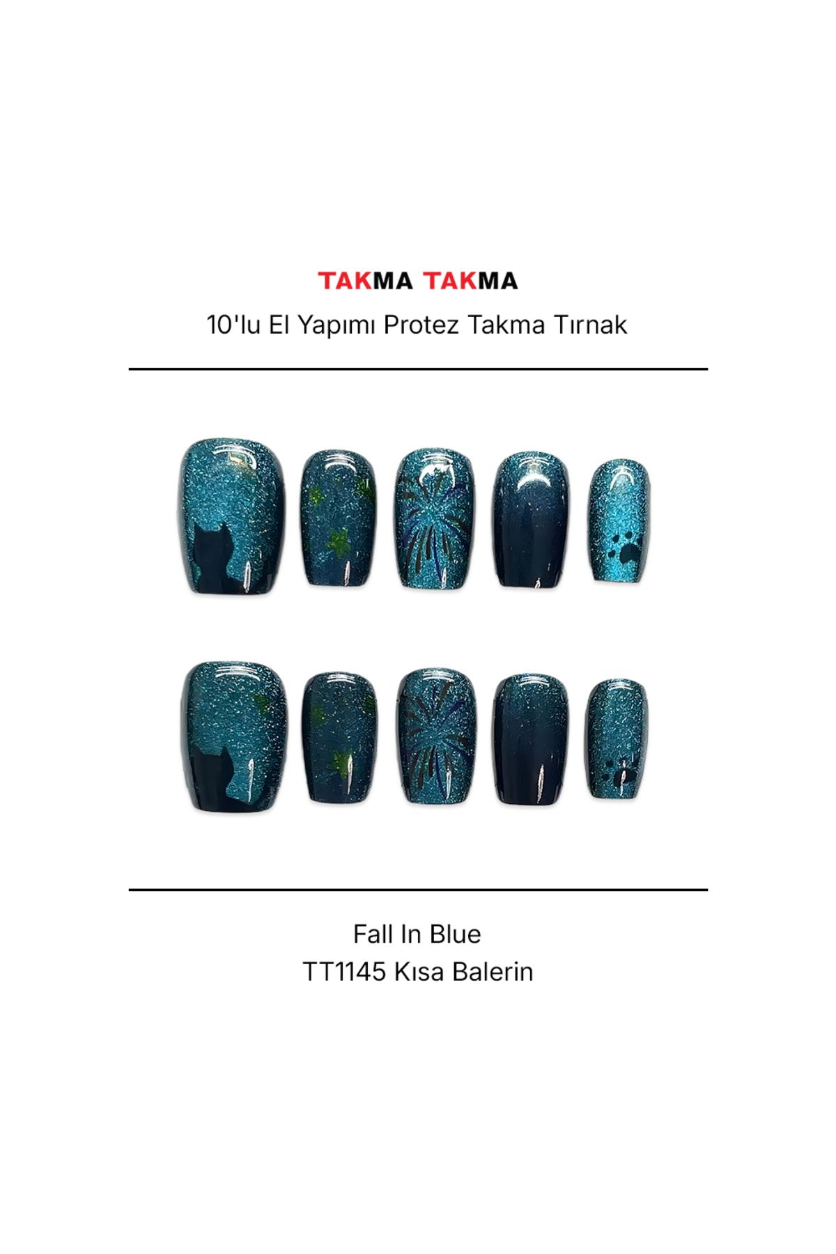 Takma Takma Tekrar Kullanılabilir El Yapımı Protez Takma Tırnak - Fall In Blue - 10'lu TT1145 M-Mavi