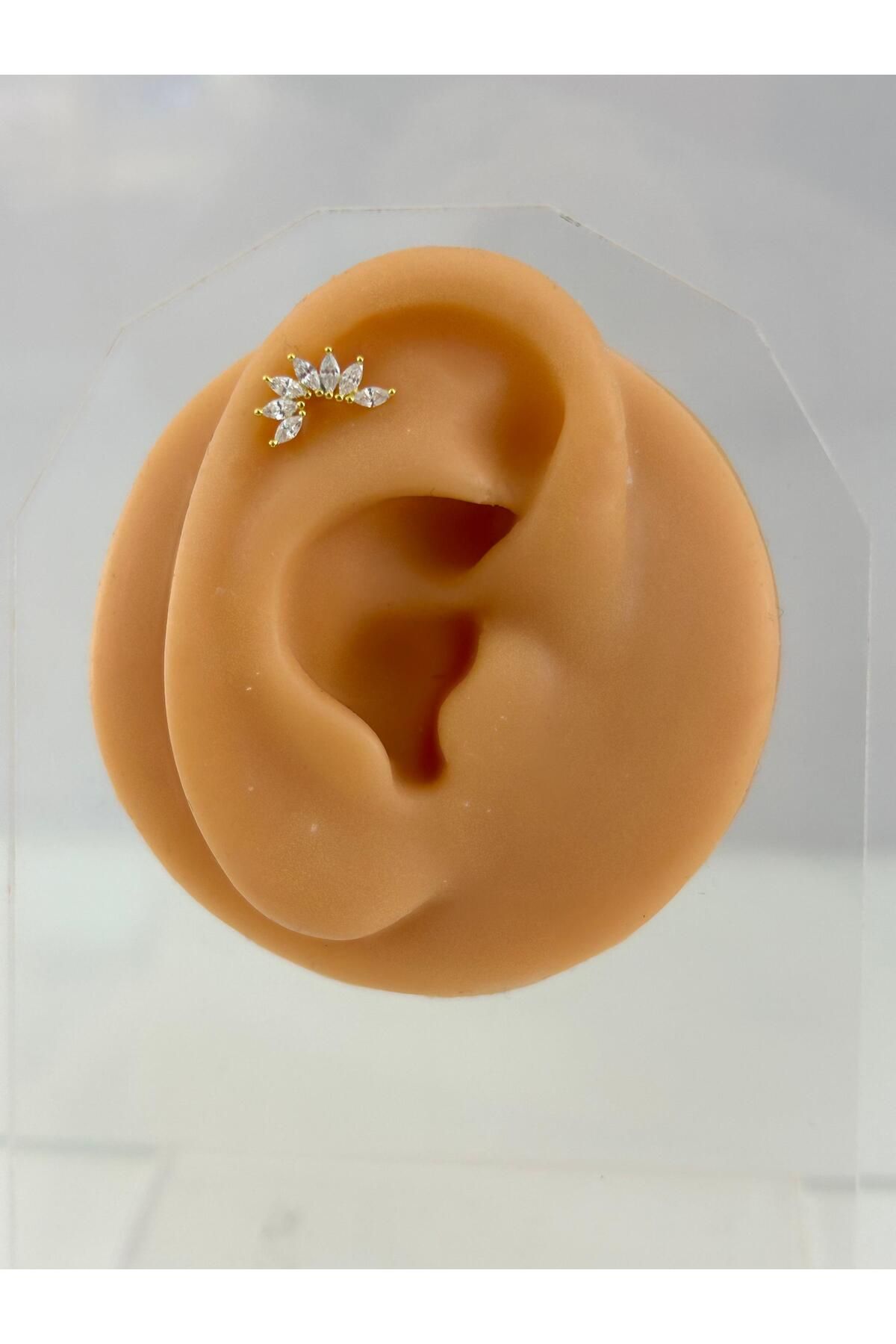 Siminkari 925 Ayar Gümüş Üzerine Mikron Altın Kaplama Taşlı Yarım Ay Gold Piercing Tragus Helix