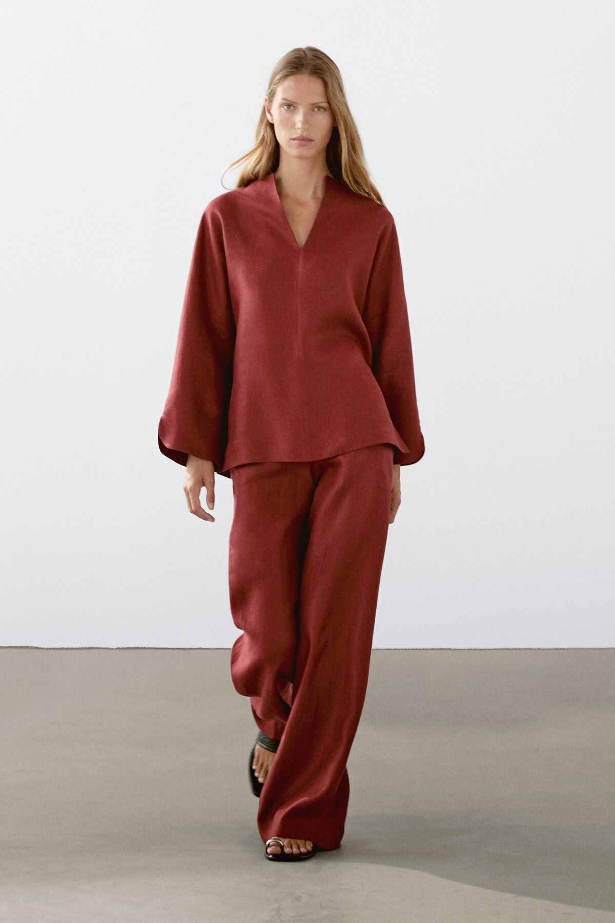 Massimo Dutti %100 keten V yaka bluz