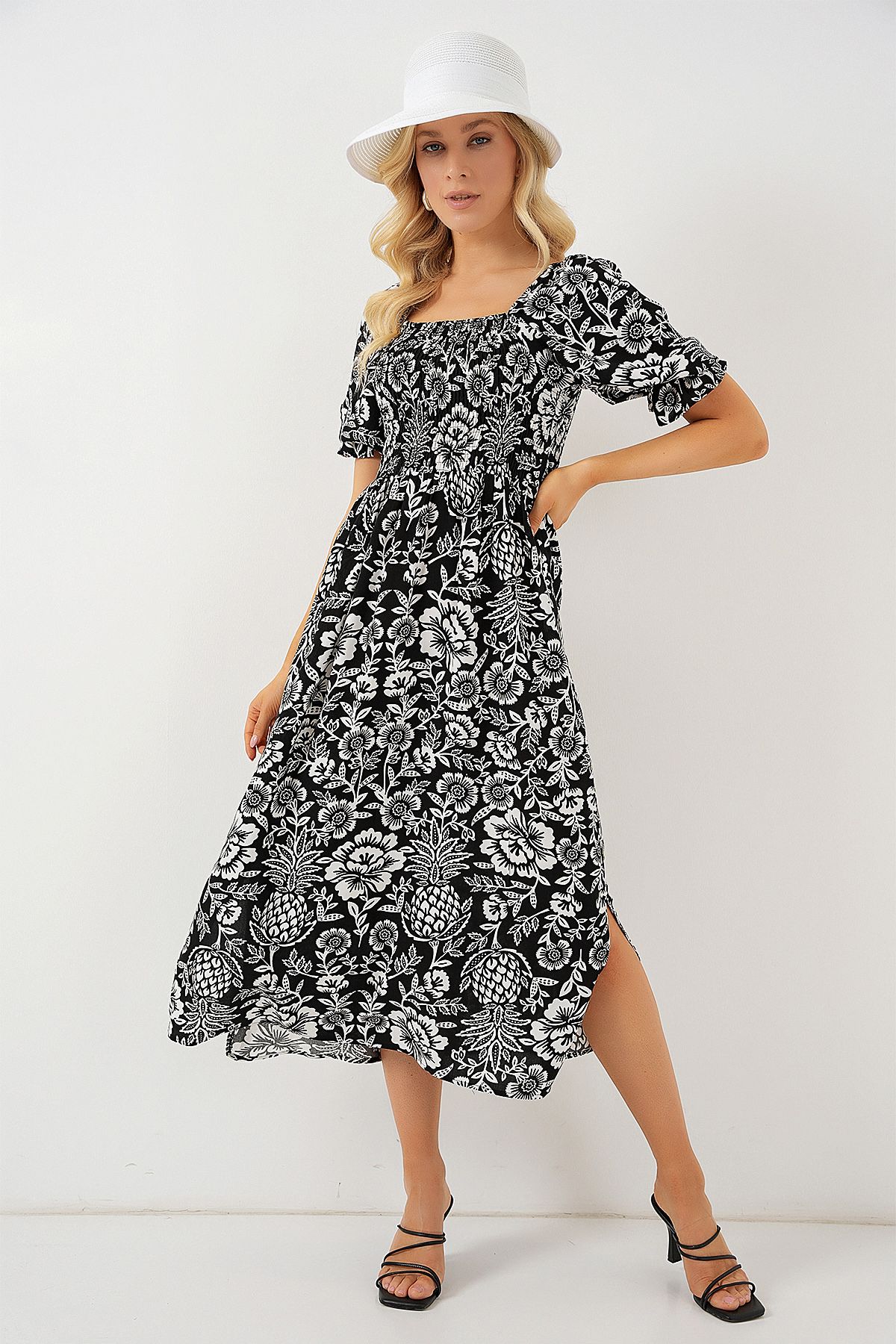 Bigdart-2512 Gemustertes Schlitzkleid - D. Schwarz 4