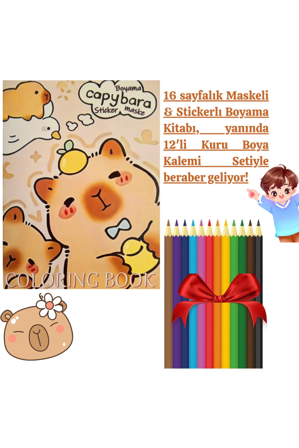 booddie Capybara Boyama Kitabı Stickerlı (arka Kapak Kesilerek Maskeli ) 12'li Kuru Boya Kalem Seti