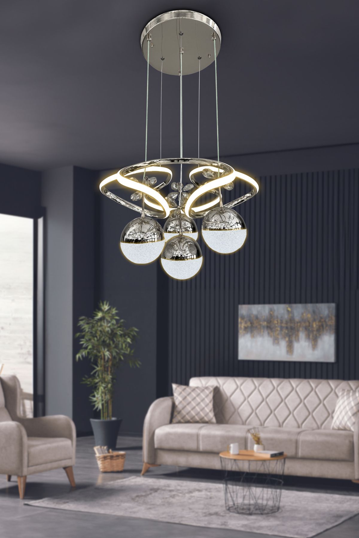 RSCOLLECTIONS Dron 3 Renk Modern Sarkıt 4 Toplu Led Avize Powerled Ledli Avize Kumandalı Krom