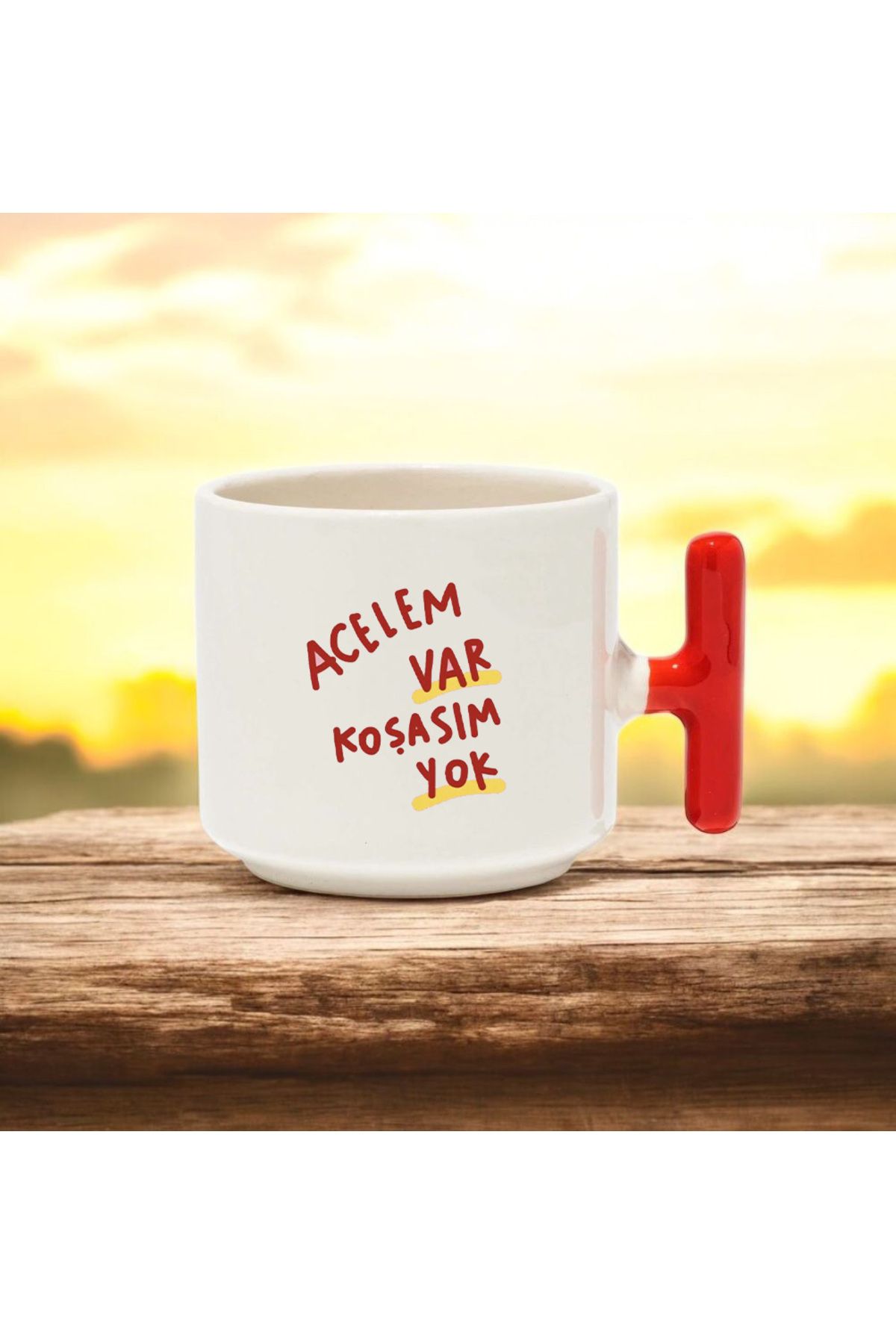 BB TRADE Acelem Var Koşasım Yok Tasarımlı Kırmızı T Kulplu Seramik Baskılı Kupa Bardak 250 ML