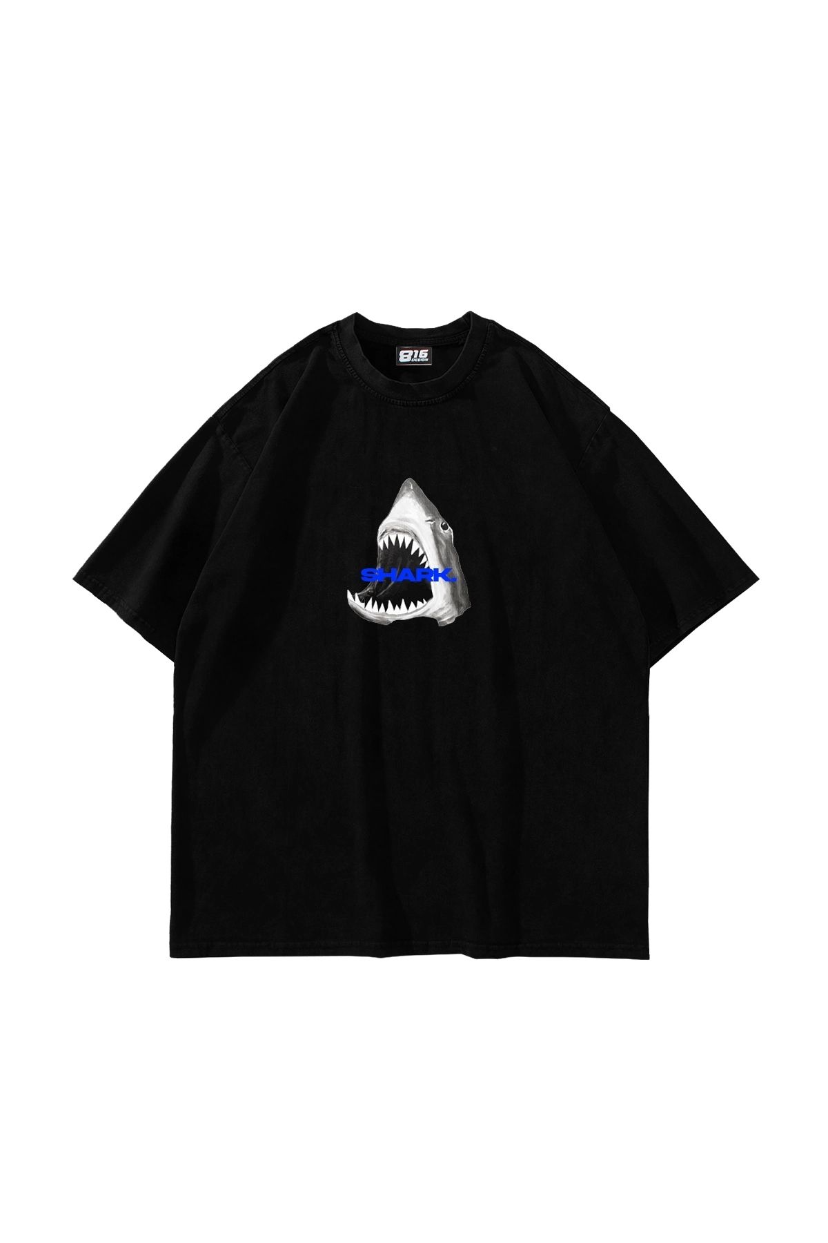 Sekizbiraltı Shark Baskılı Oversize Unisex Siyah Tshirt