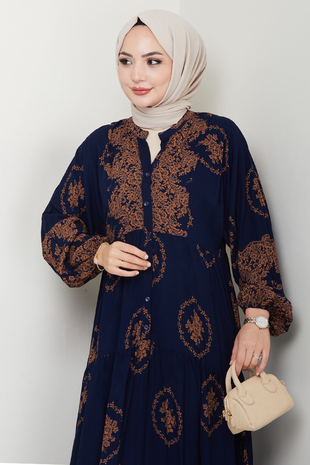 InStyle-Gold Ethnic Pattern Navy Blue Viscose Dress 5