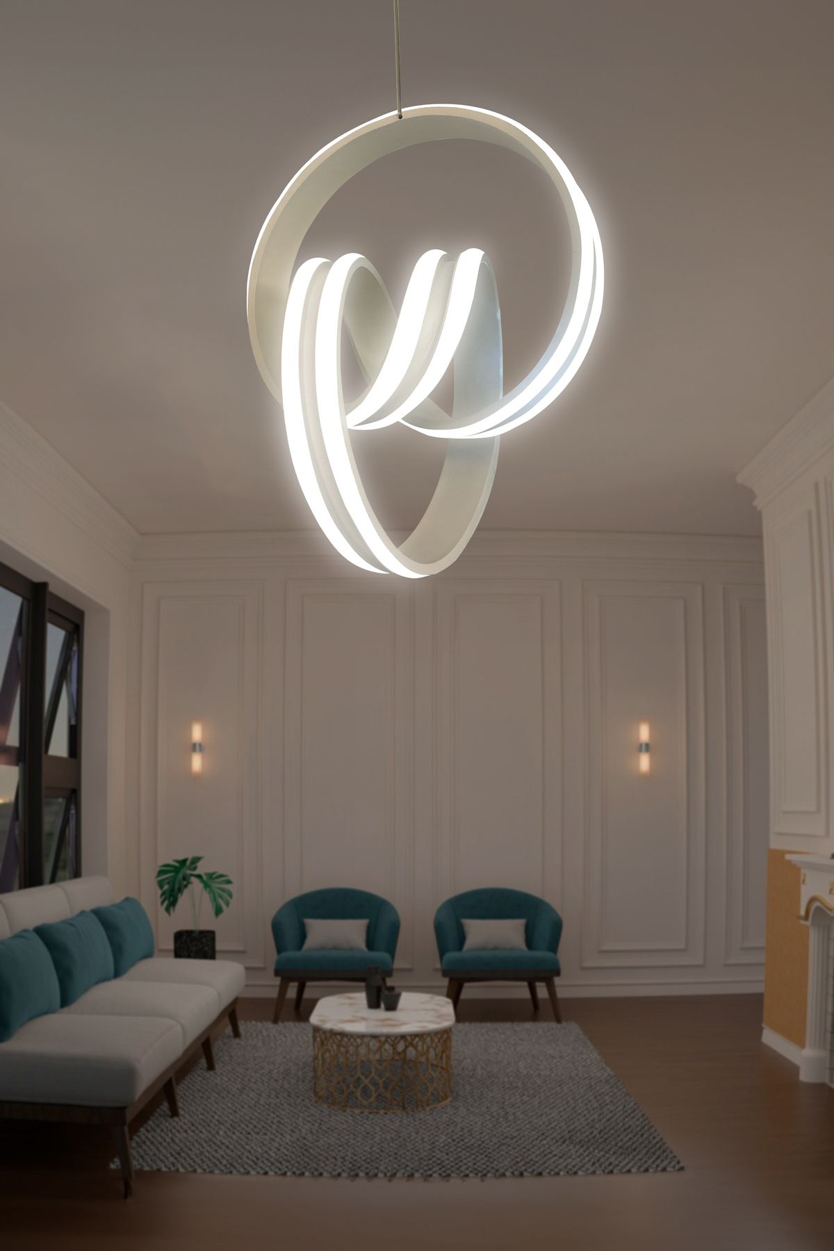 RSCOLLECTIONS Çift Yönlü İmza Sıra Powerled Oturma Odası Led Avize Kumandalı Beyaz