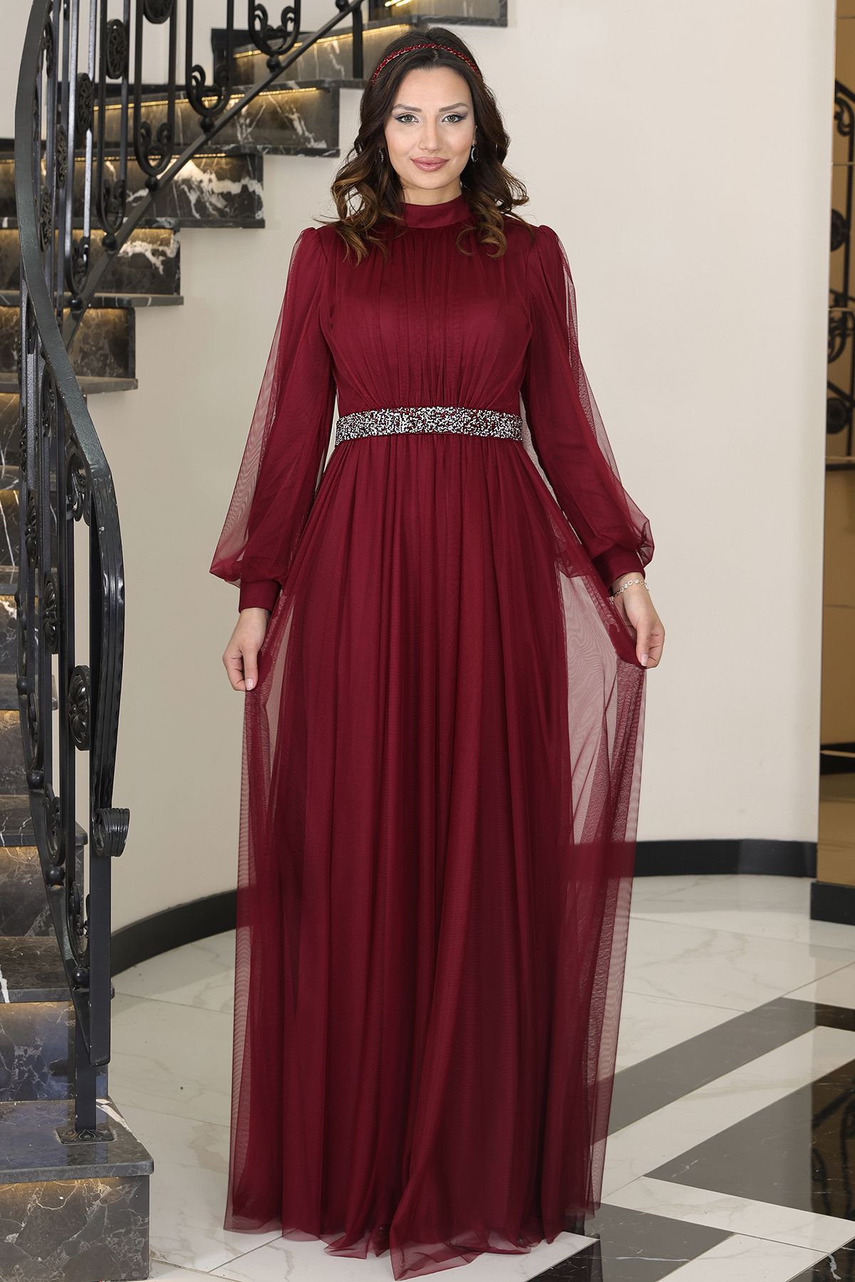 ELBENMODA Tesettür Büyük Bedeb Abiye Elbise ALYAM & Büzgü ve TAş Detaylı
