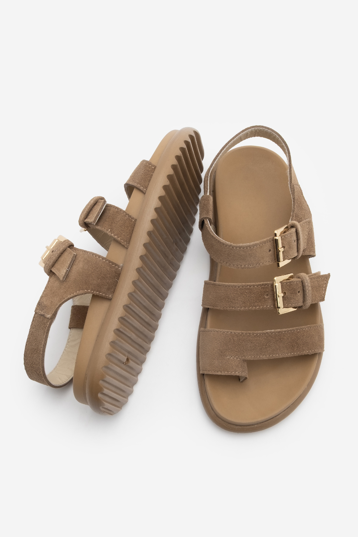 Marjin-Women's Genuine Leather Strappy Flip Flops Daily Sandals Dezit Camel Suede 7