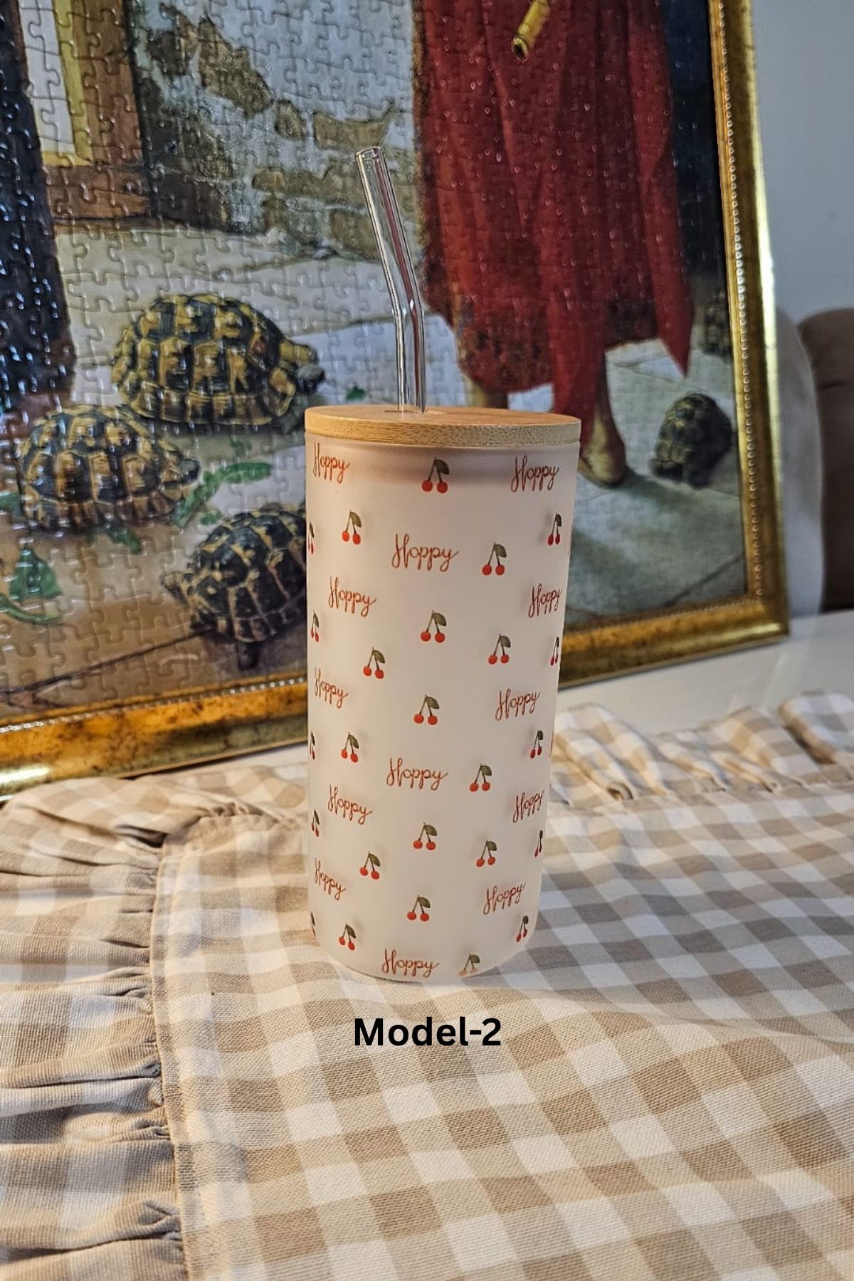 Crafto Bambu Kapaklı Ve Cam Pipetli Özel Baskı Cam Suluk