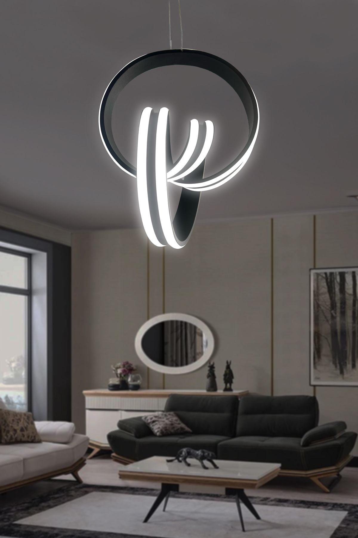 RSCOLLECTIONS Çift Yönlü İmza Sıra Powerled Oturma Odası Led Avize Kumandalı Siyah