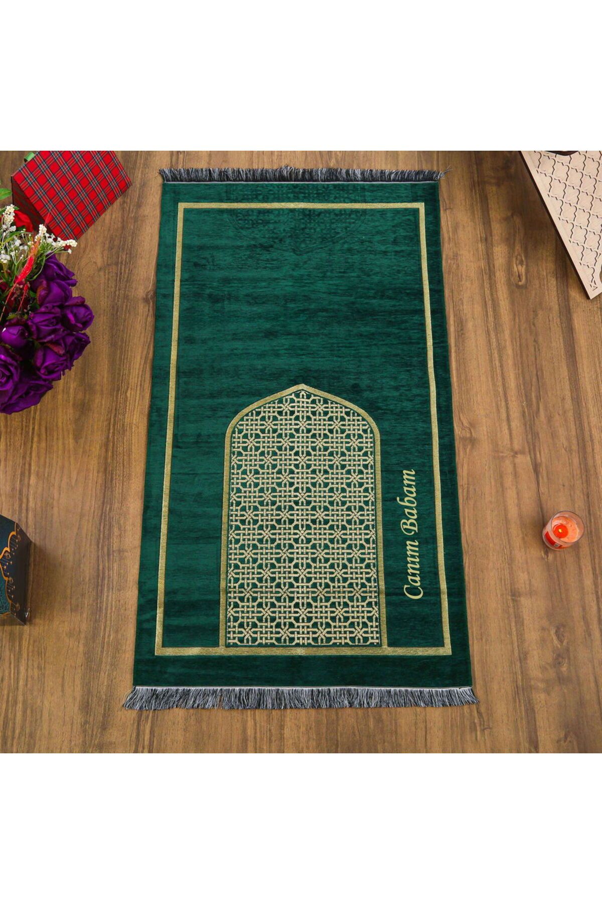 İkranur Selçuklu Desenli Lüks Şönil Seccade İsimli Yeşil (66x120cm) 520 gr