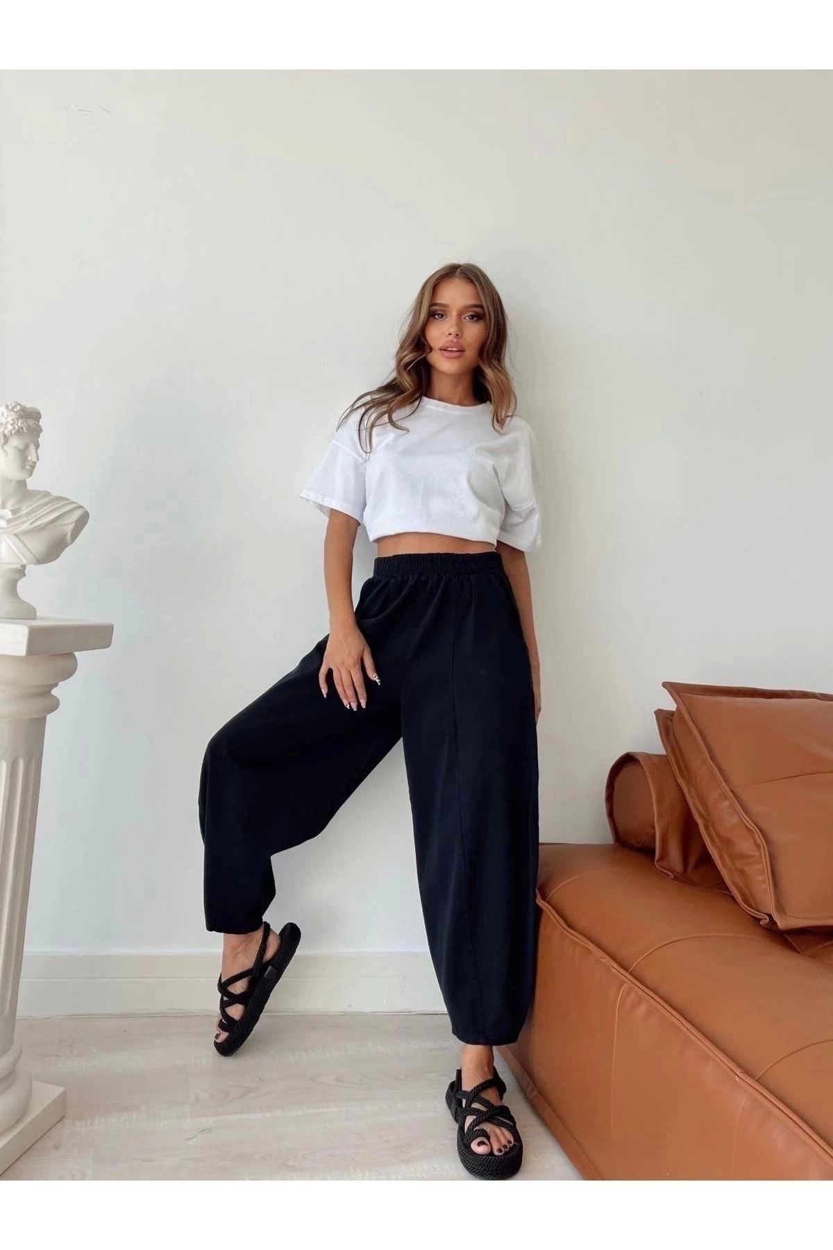 Tommes Butik Beli Lastikli Gabardin Kumaş Şalvar Pantolon Siyah