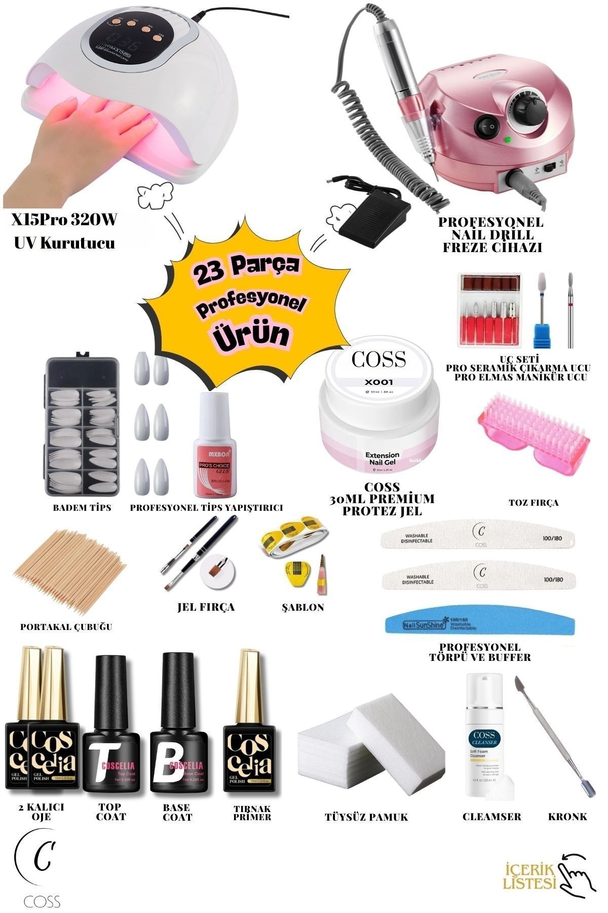 PRObeauty 23 Parça Profesyonel Protez Tırnak Seti (320W UV NAİL DRİLL PRO 5'Lİ FREZE UCU)