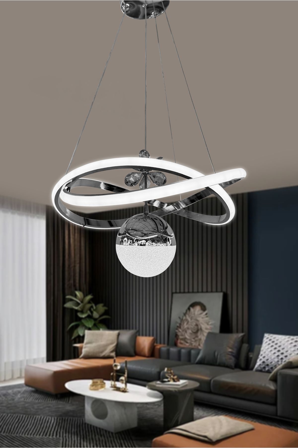 RSCOLLECTIONS Dalga Tek Toplu Led Avize Kumandalı Krom