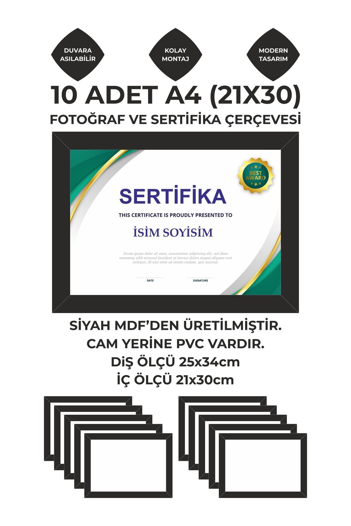 Baskılar 10 Adet 21x30 MDF Siyah Çerçeve –Sertifika, Diploma ve Fotoğraf İçin - Kolay Montaj, Modern Tasarım