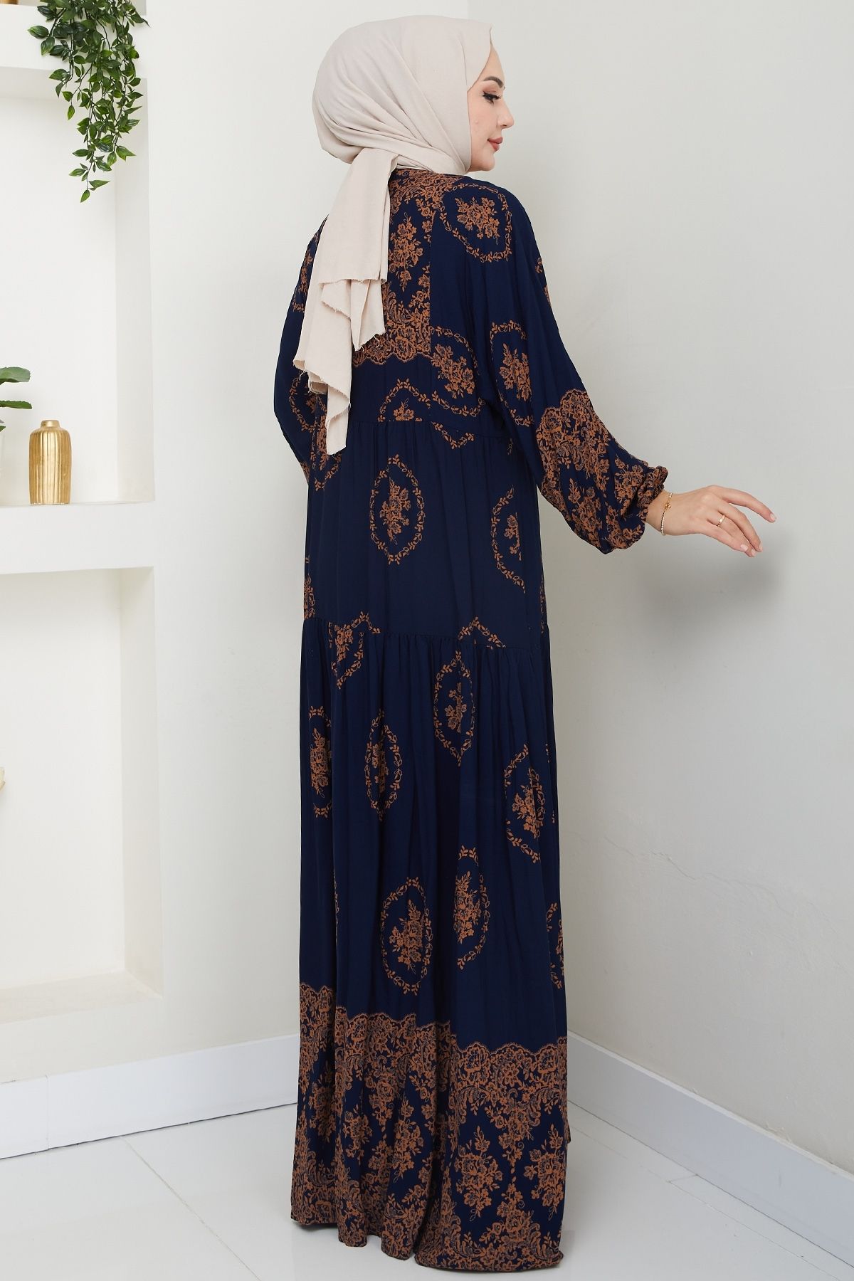 InStyle-Gold Ethnic Pattern Navy Blue Viscose Dress 6