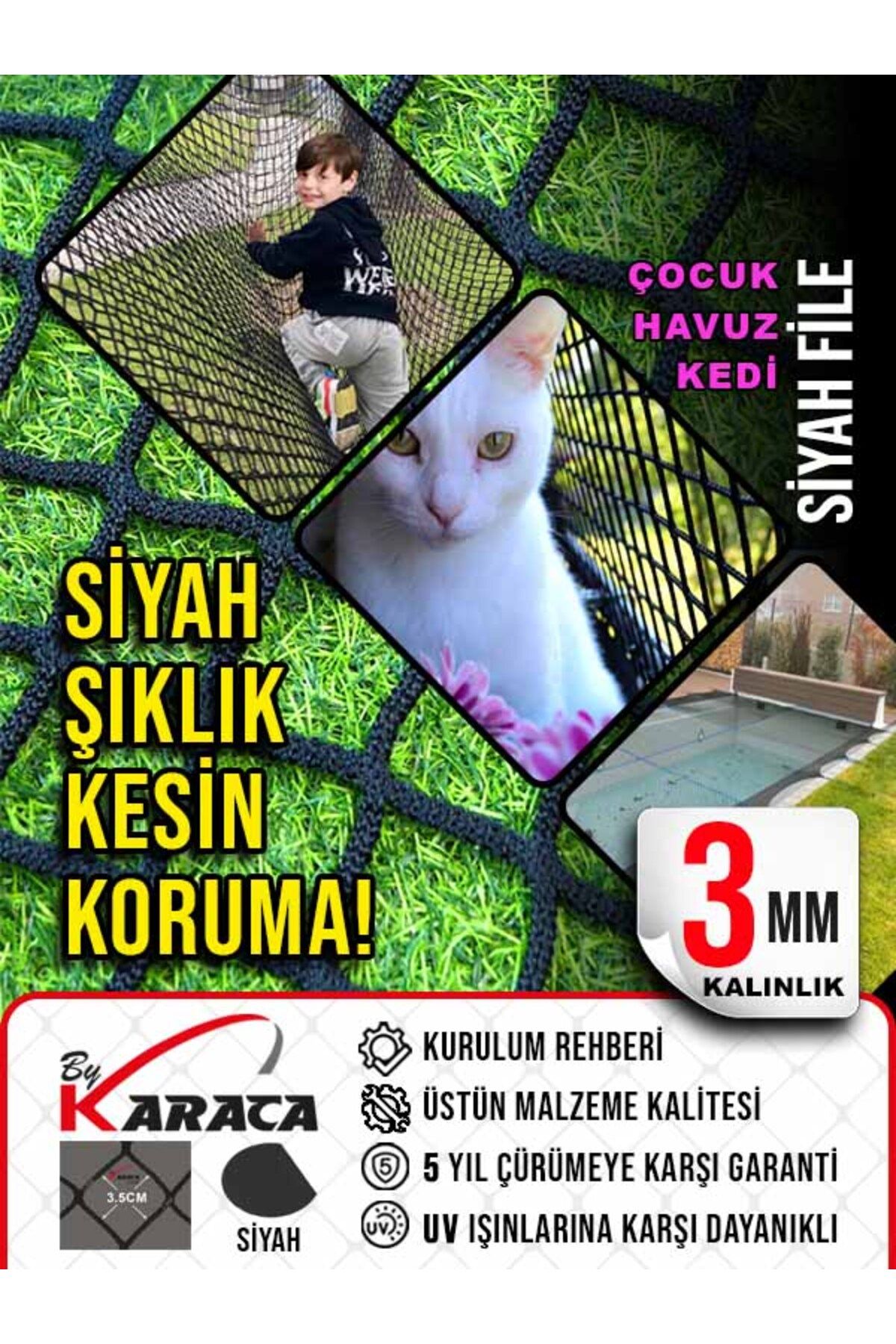 KARACAFİLE Güvenlik Filesi 3x3 Metre - Siyah Renk, 3mm İp Kalınlığı, 3.5x3.5 cm Gözenek+ Montaj Aparatları