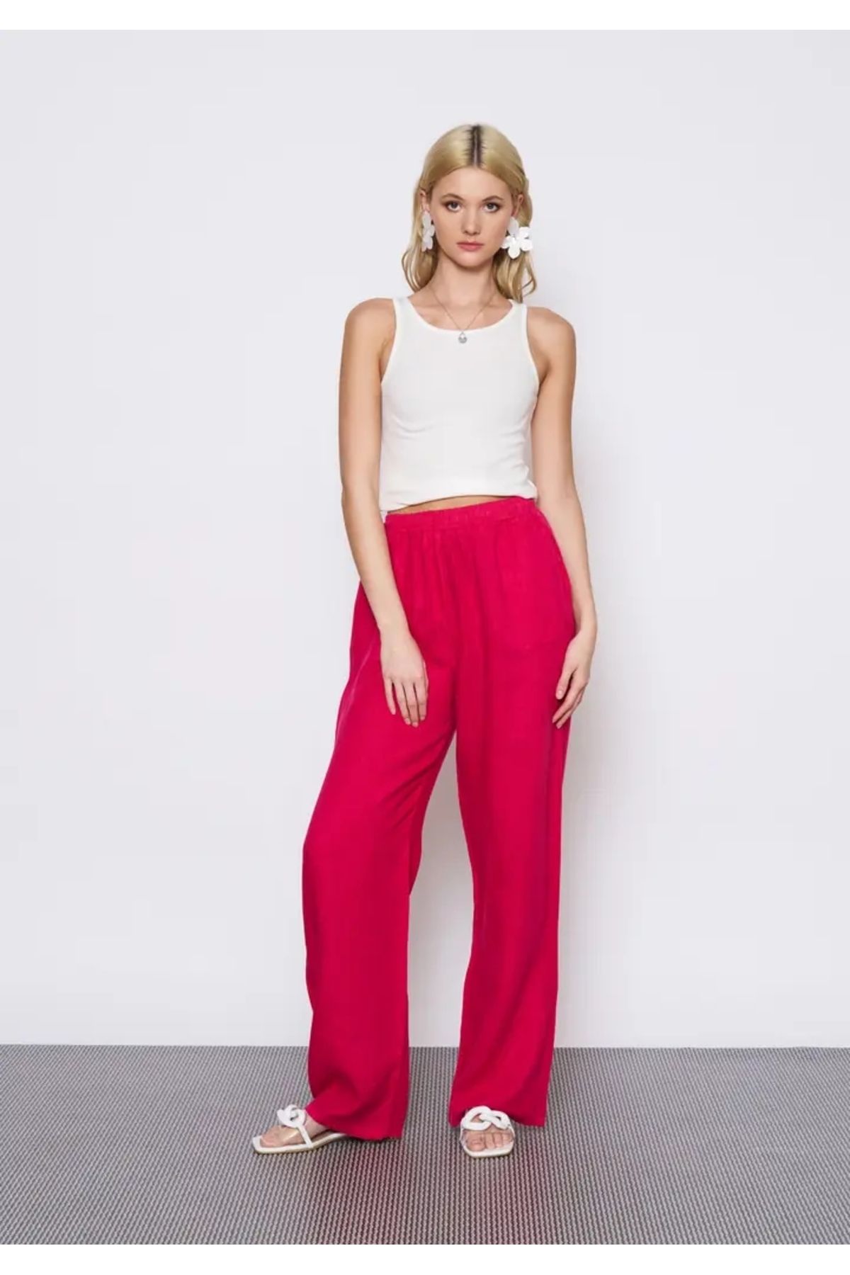 EUROFASHION Fuşya Beli Lastikli Keten Pantolon