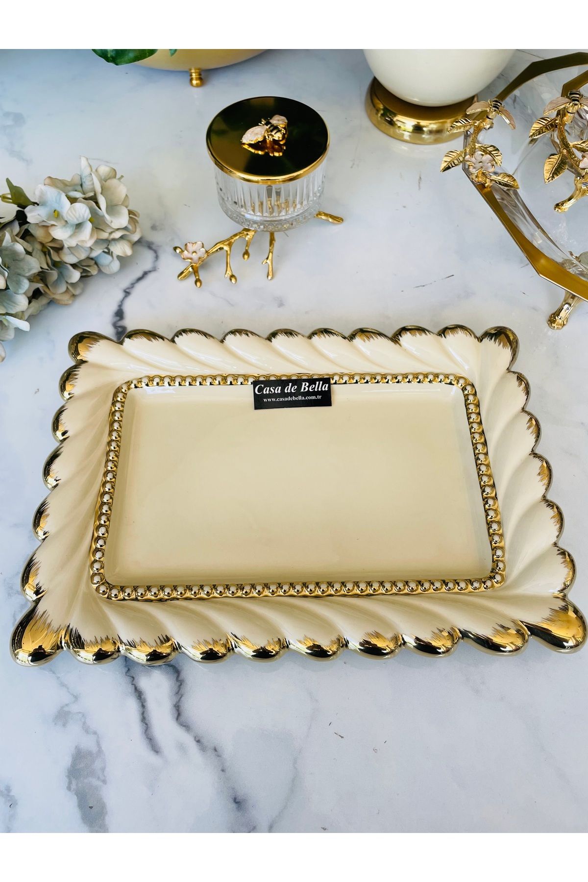 CASA DE BELLA Valonia Gold Büyük Boy Dikdörtgen Sunum Servisi 36cm