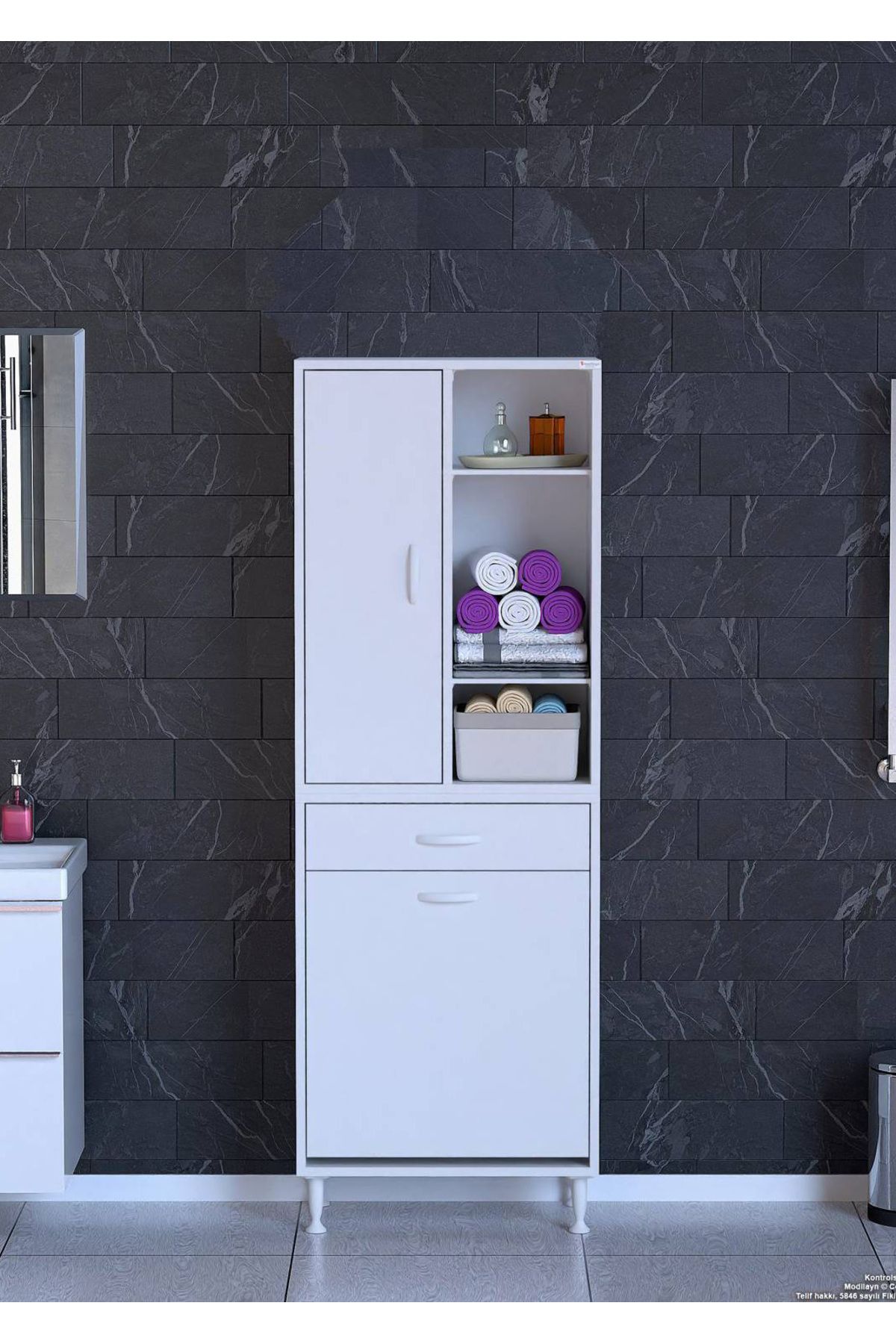 Modilayn 55x173x32,5cm 1 Çekmece, 1 Göz Sepet, 1 Kapak, 6 Gözlü Organizatör Mutfak Dolabı Çok Amaçlı Dolap