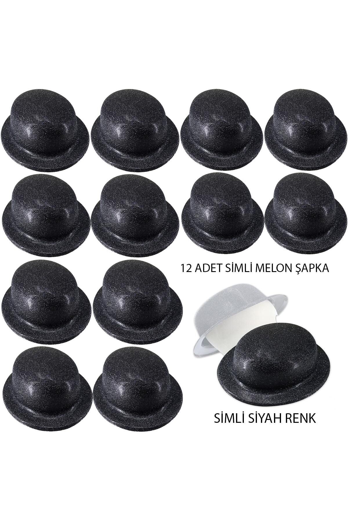 Serero Siyah Renk Simli Melon Yuvarlak Parti Şapkası 12 Adet