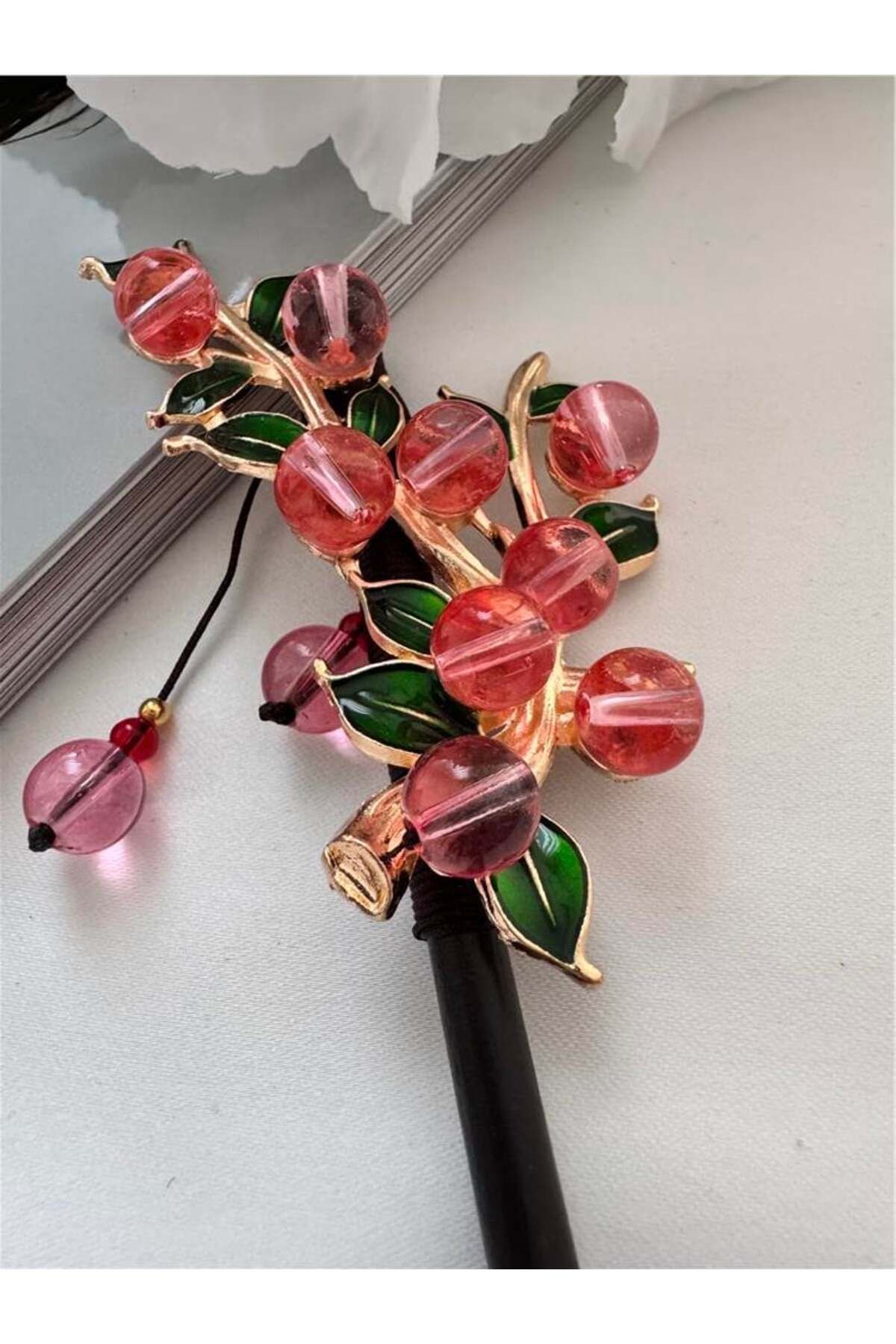 Pelin Aksesuar Mercan Pembe Top Boncuklu Japon Topuz Çubuk Toka
