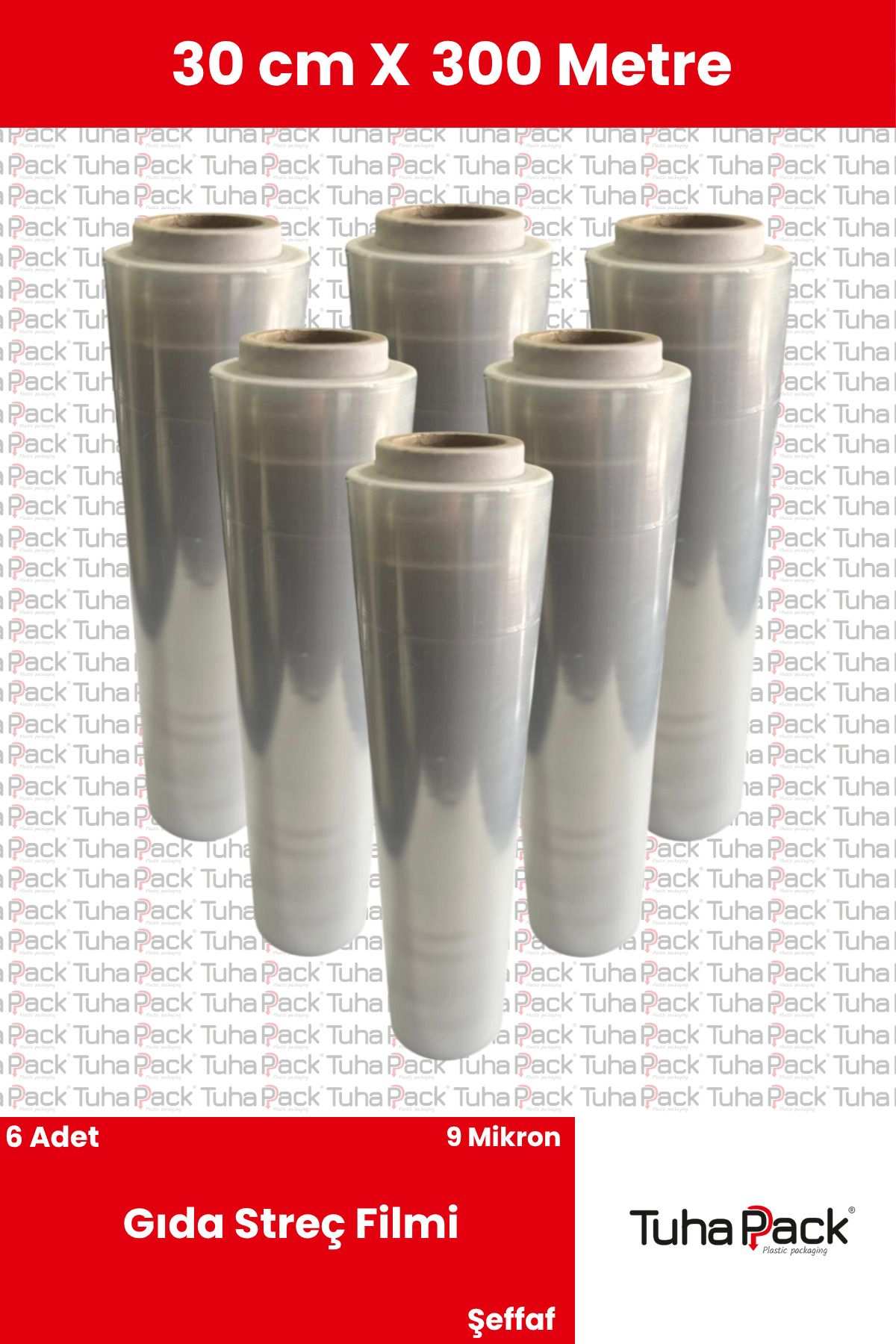 tuhapack plastic packaging Gıda Streç Filmi 30cm x 300m - 9 Mkrn, Şeffaf, 6 Adet, Gıda Temasına Uygun