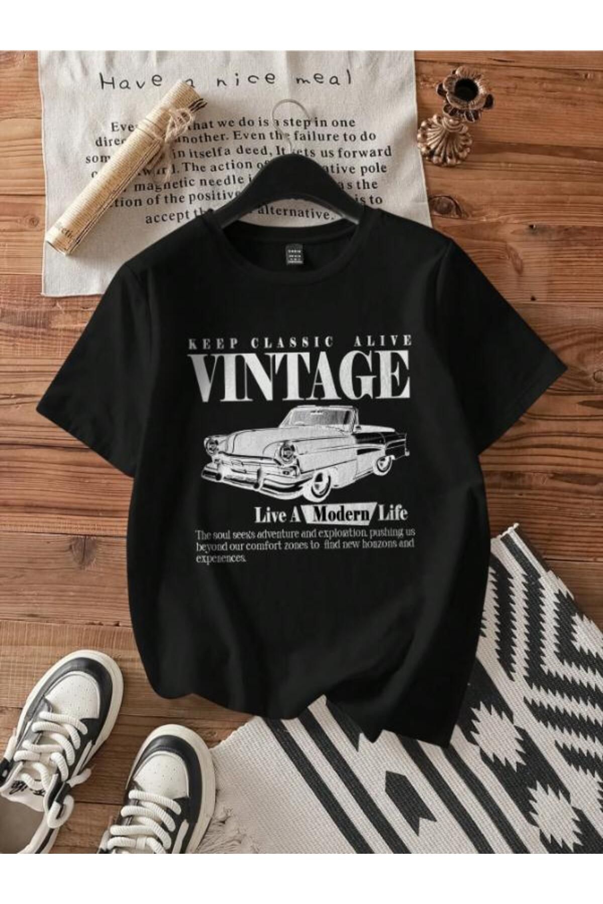 COMANCHERO Attitoon Casual Minimalist Vintage Araba Baskılı Yuvarlak Yaka Kısa Kollu Tişört Kadınlar