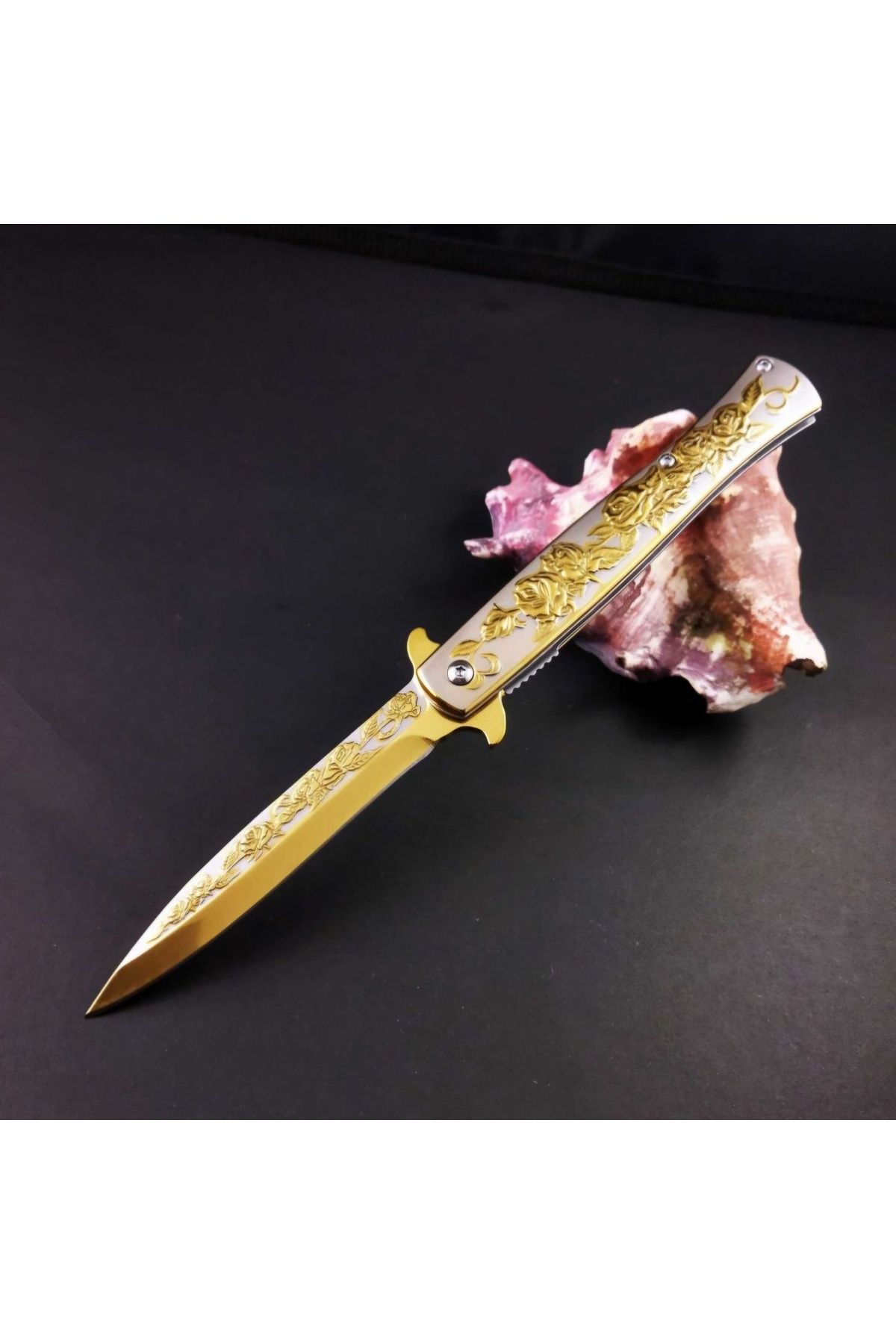 Katmer Kaliteli Gül Kabartma Çelik Gold Çakı - 21 Cm - Gül Çakı