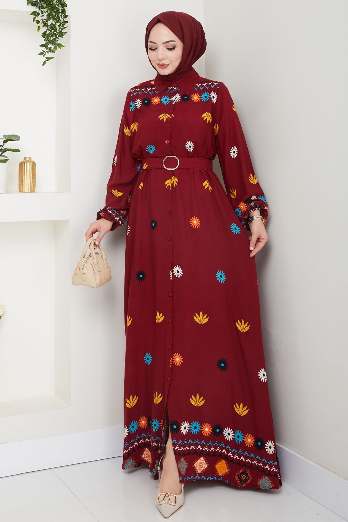InStyle Büzgülü Çiçek Desenli Bordo Viskon Elbise