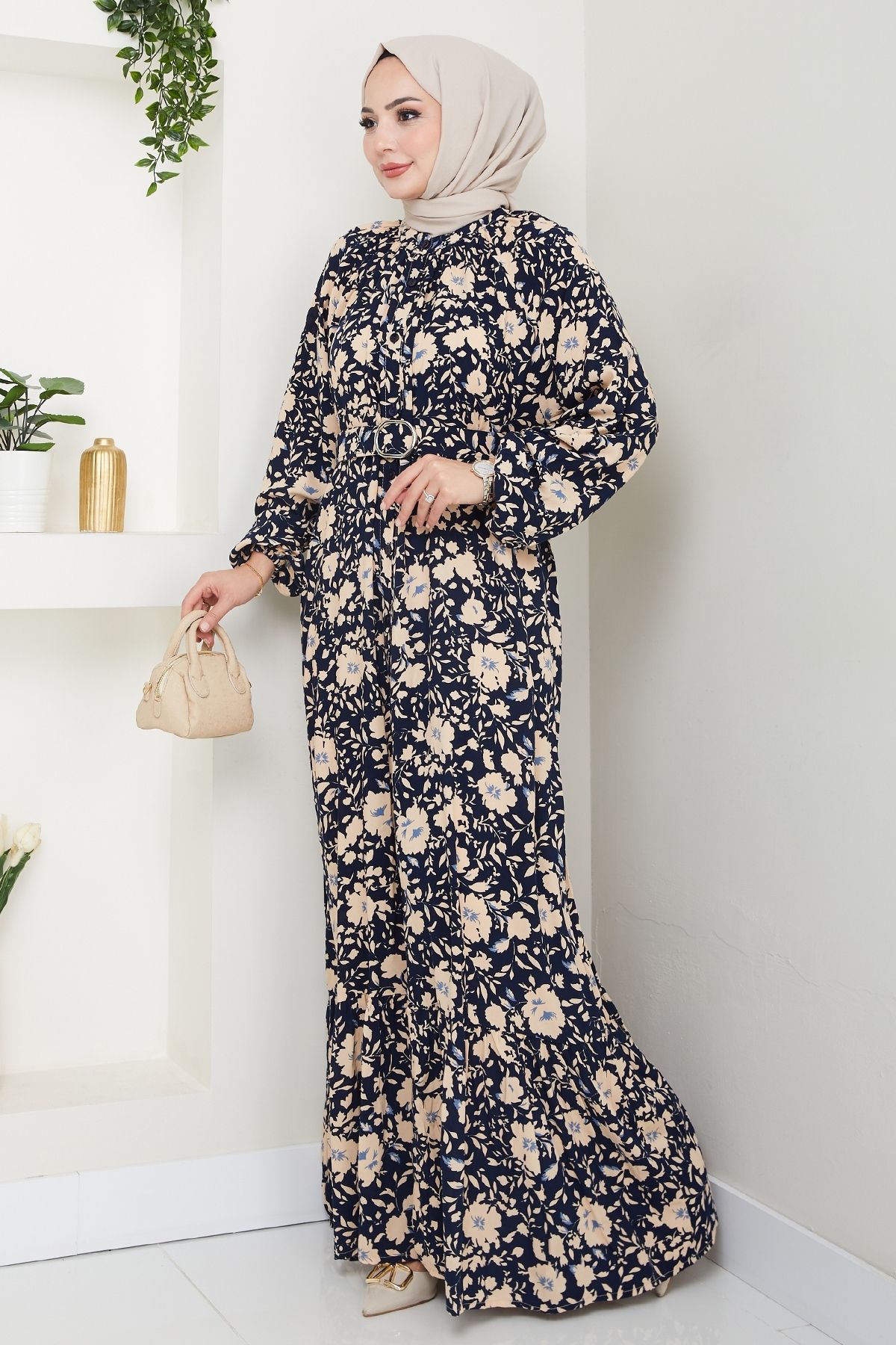 InStyle-Shadow Flower Pattern Navy Blue Viscose Dress 3