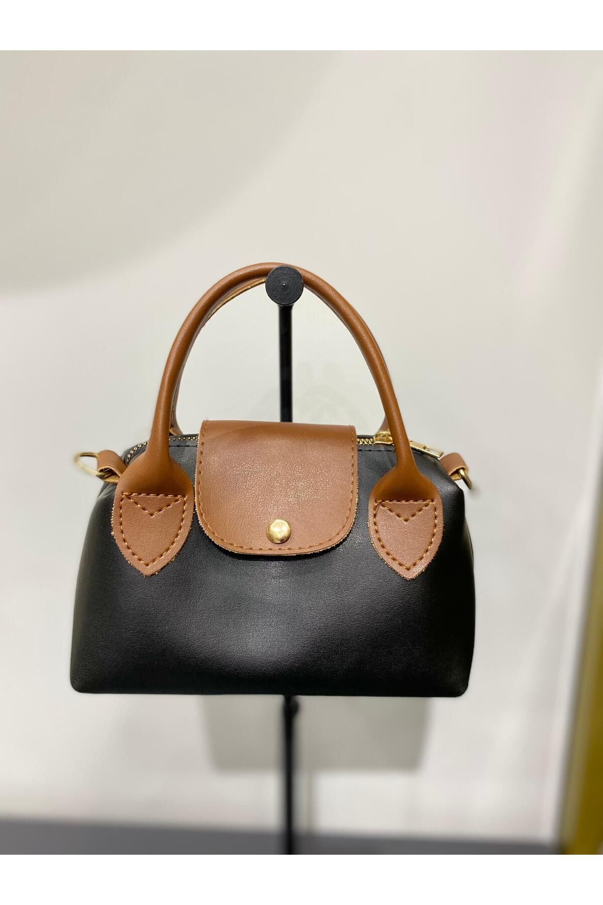 Butik Kadın Siyah Kahverengi Mini Deri Görünümlü El ve Omuz Çantası - Kapaklı Model
