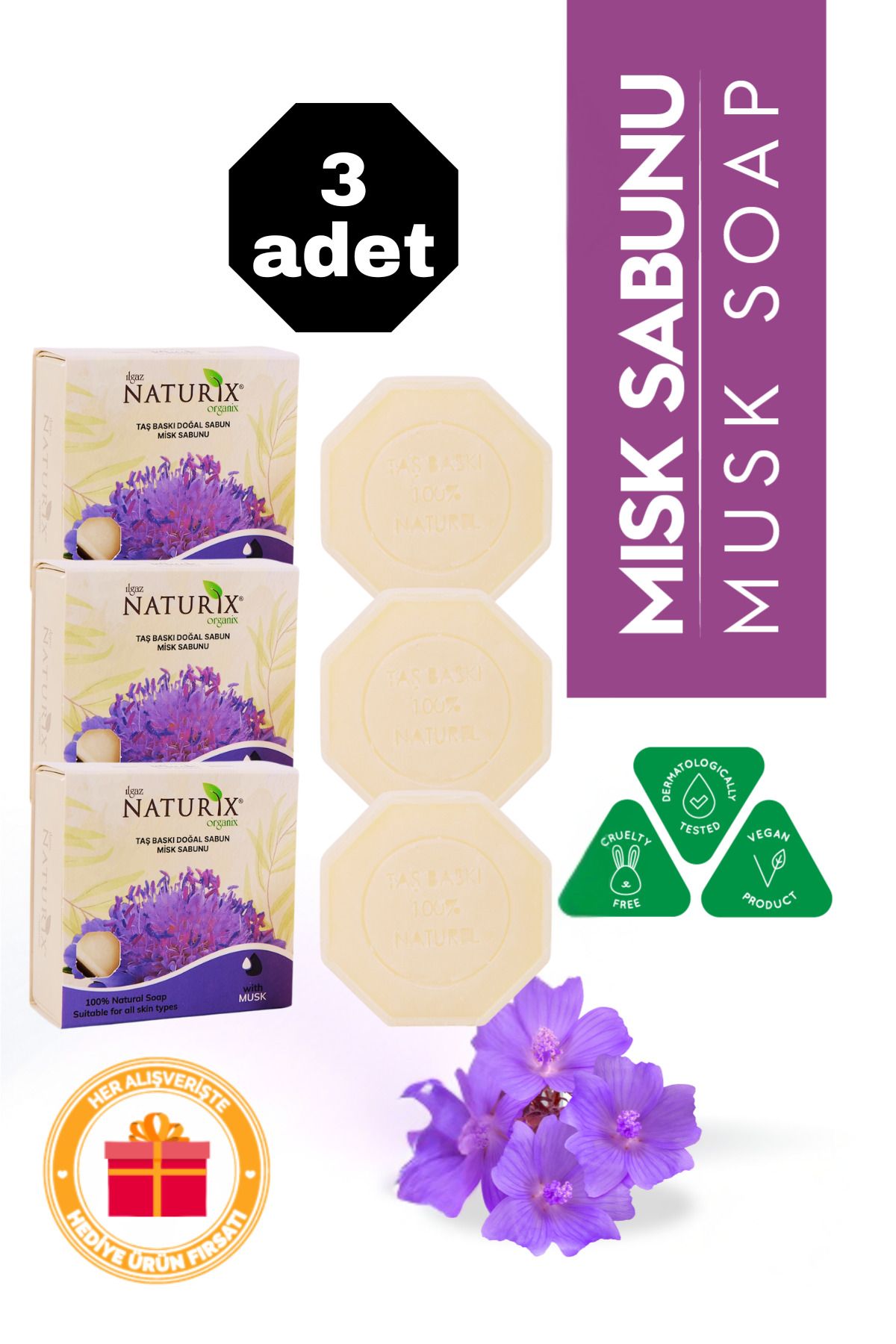 Naturix Misk Özlü Taş Sabun 3'lü Eko Paket Nemlendirici ve Onarıcı Kuru Cilt Bakımı - 3x125 gr