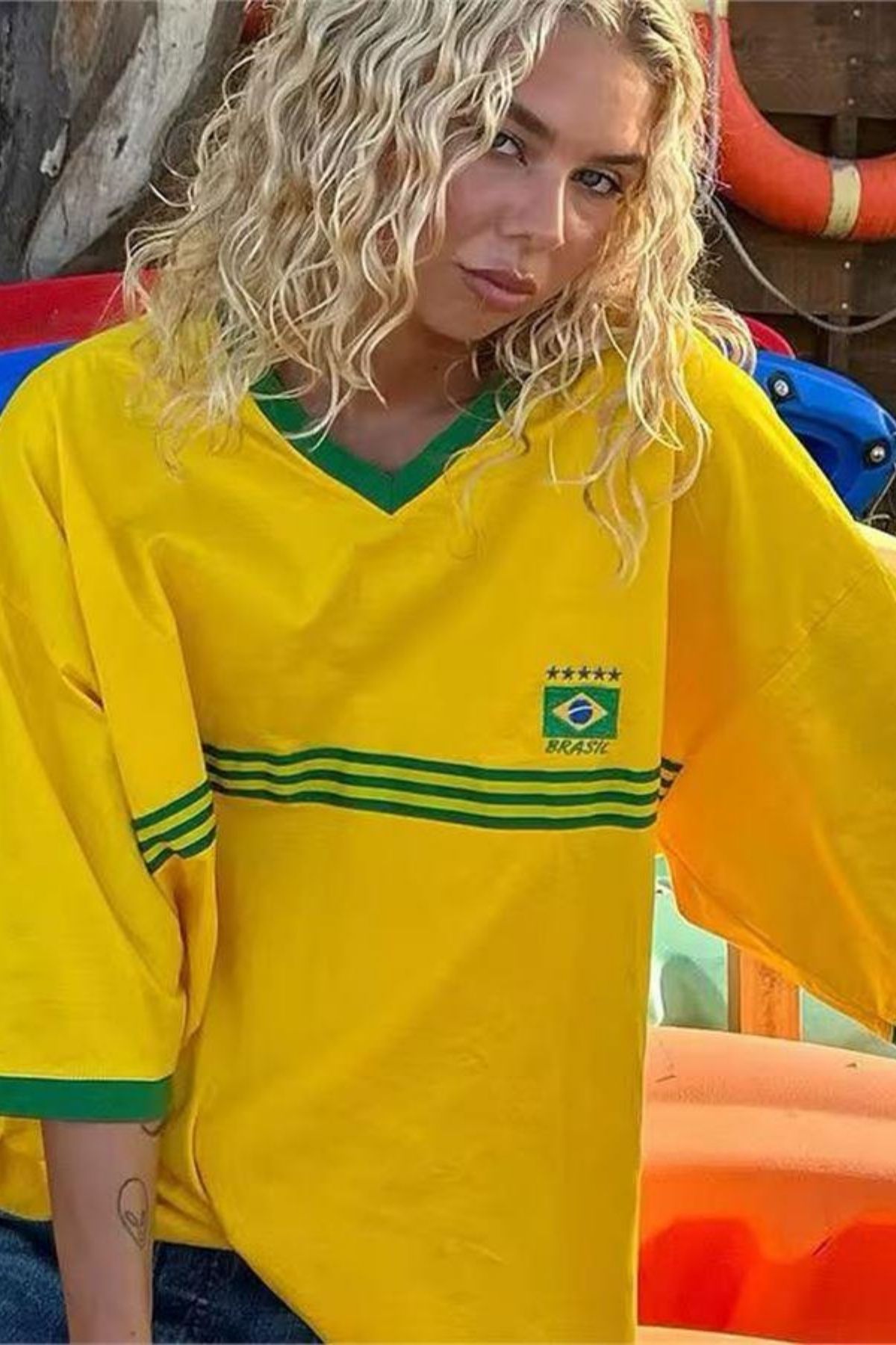 Chirkef Unisex Sarı Regular Forma Kumaş Baskılı Bisiklet Yaka Sokak Stili T-Shirt Futbol Brezilya
