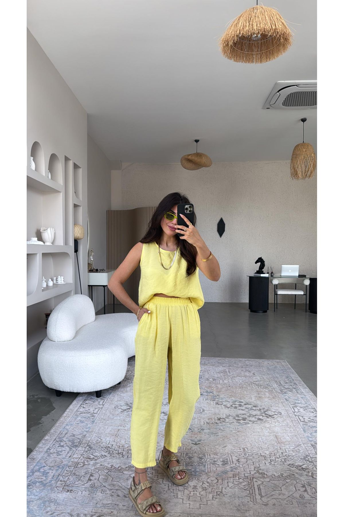 solena sln Kadın Yeni Sezon Sarı Yazlık Pantolon Bluz Takım - butter yellow