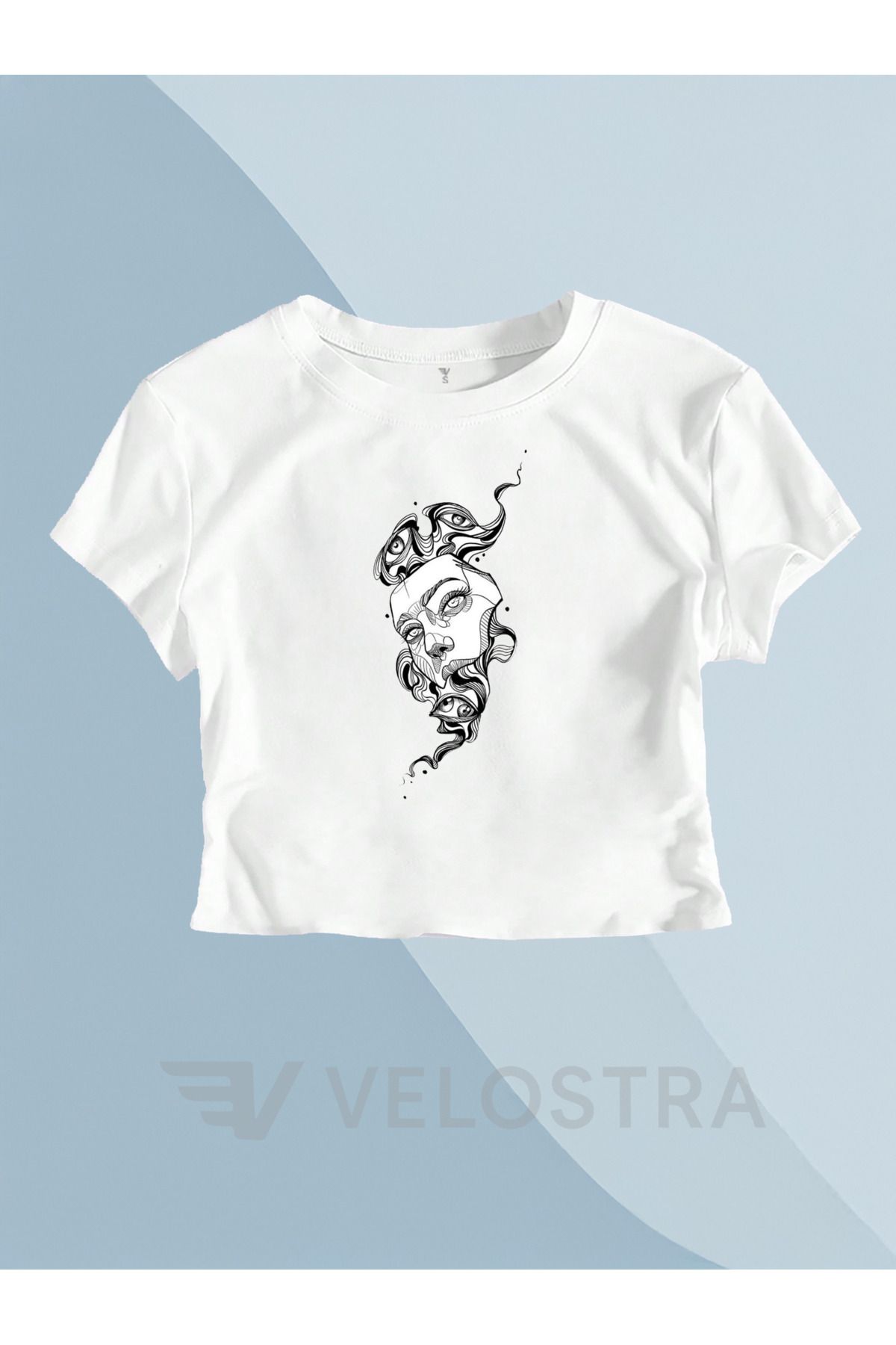 Velostra Kadın Soyut Yüz Baskılı Tee Crop
