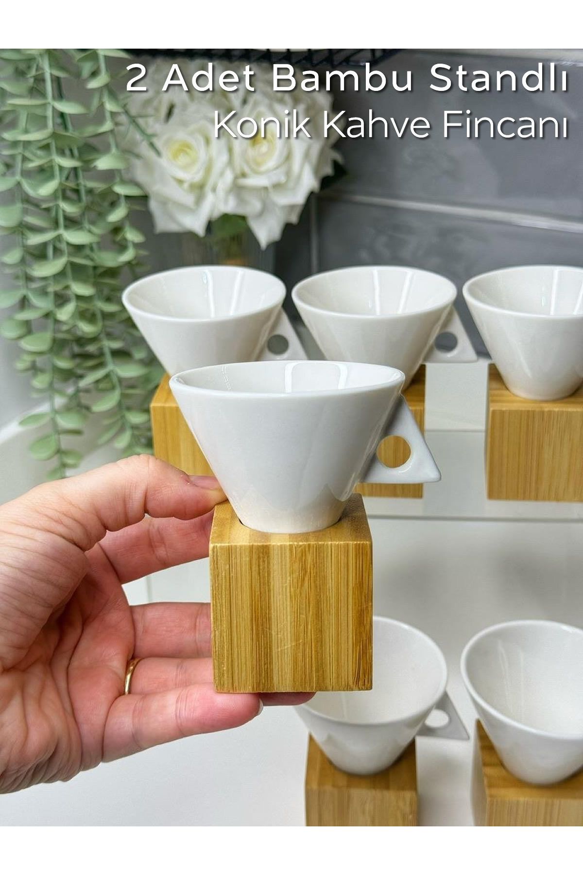 ARVALE 2 Adet Porselen Bambu Standlı Kahve Fincanı Seti | Modern Tasarım