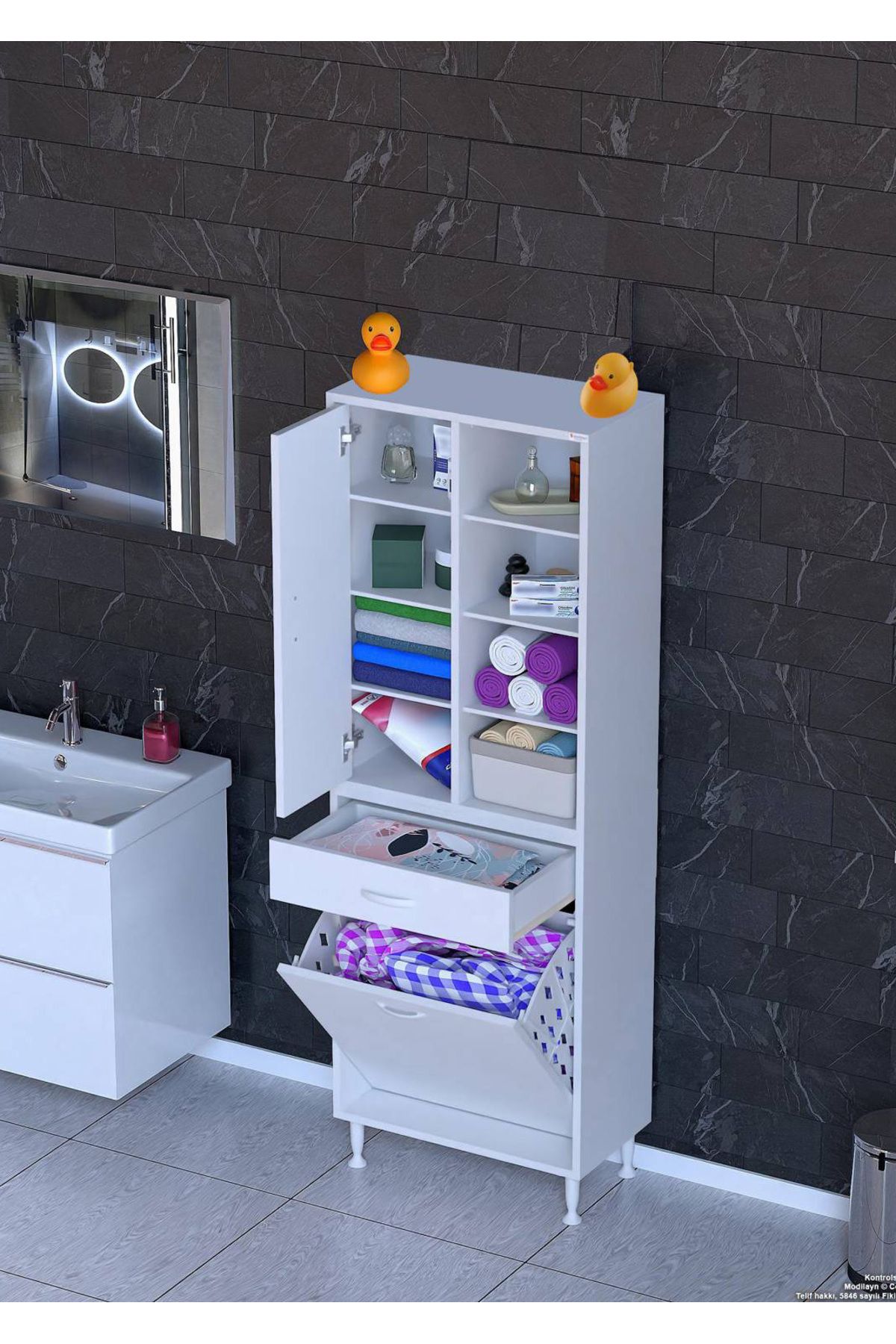 Modilayn 55x173x32,5cm 1 Çekmece, 1 Göz Sepet, 1 Kapak, 8 Gözlü Organizatör Mutfak Dolabı Çok Amaçlı Dolap