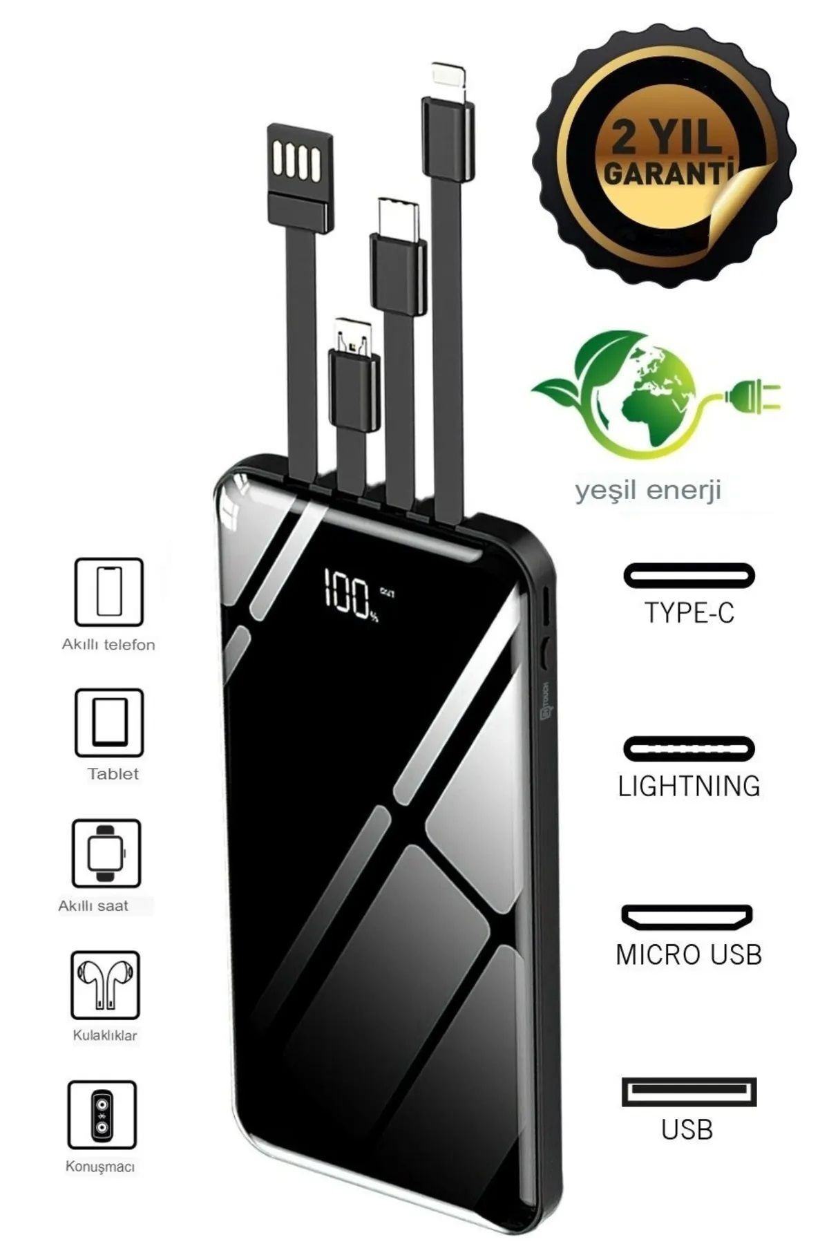 Brawi 10.000 Mah Prime Dijital Göstergeli Dahili Çoklu Kablolu Powerbank, Taşınabilir Siyah Şarj Cihazı