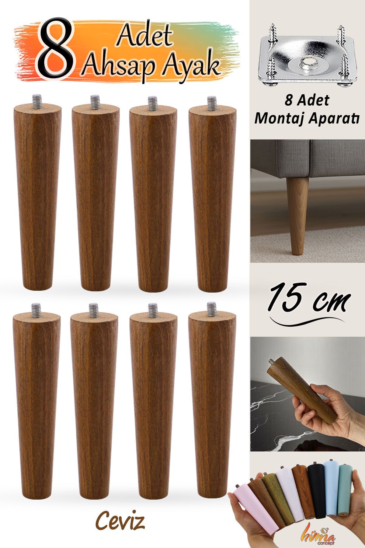GLASWEN 8 Adet Ahşap Ayak 15 Cm Ceviz M8 Civatalı Bağlantı Aparatlı Dolap Mobilya Koltuk Kanepe Destek Ayağı