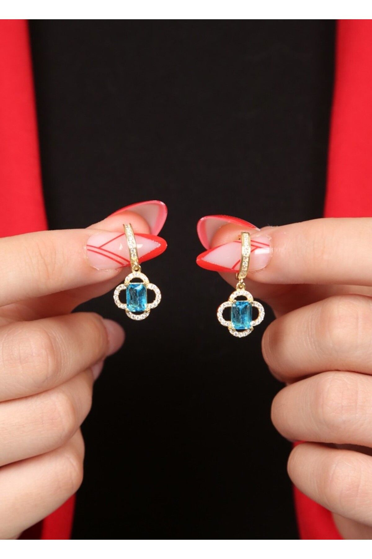 LİNOVE JEWELLERY BLutopaz Yonca Gümüş Küpe, 925 Ayar Gümüş Baget Küpe, Mavi Topaz Küpe, Mavi Baget Küpe