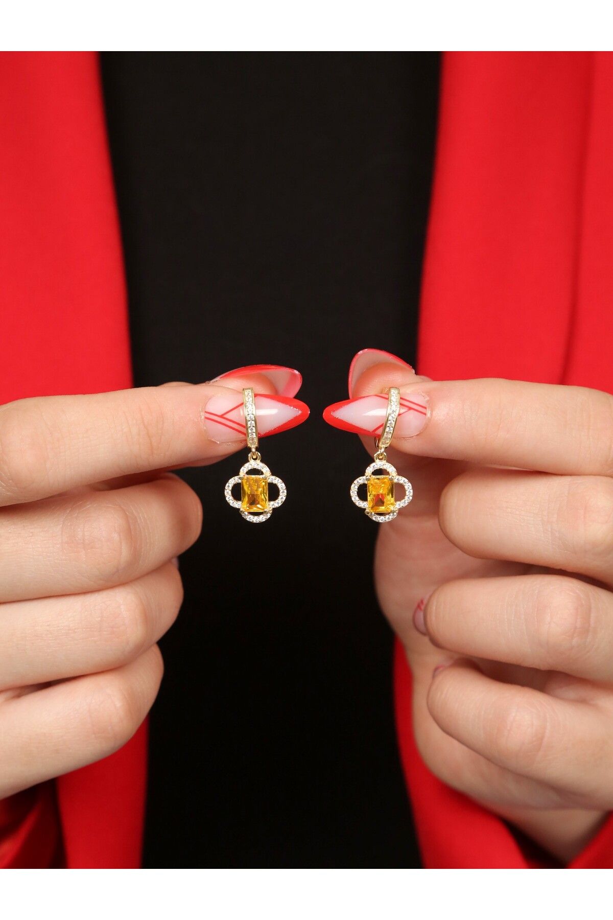 LİNOVE JEWELLERY Citrin Yonca Gümüş Küpe, 925 Ayar Gümüş Baget Küpe, Sarı Taşlı Gümüş Küpe, Citrin Baget Küpe
