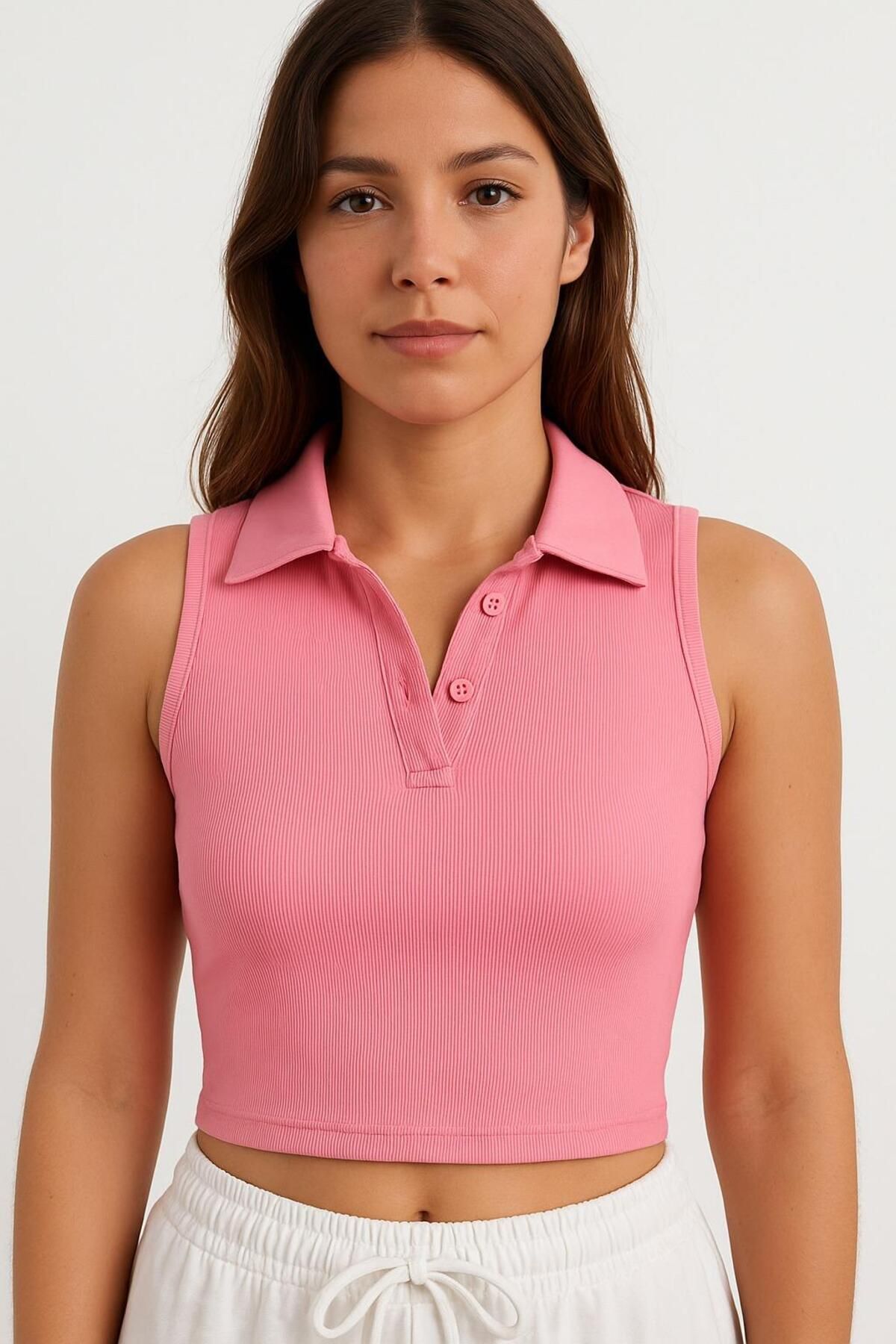 BELISTIL Pembe Polo Yaka Sıfır Kollu Fitilli Tshirt