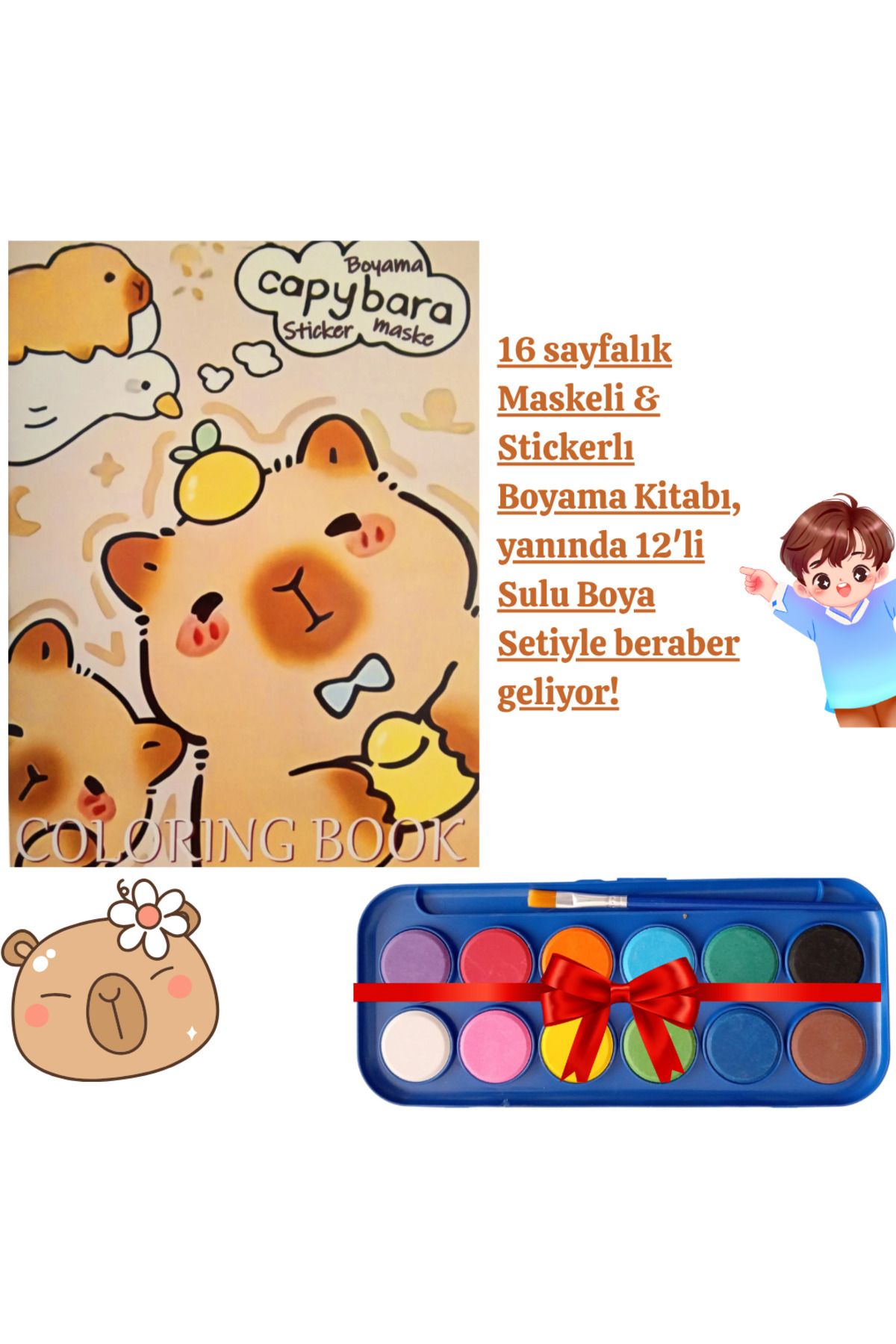 booddie Capybara Boyama Kitabı Stickerlı (arka Kapak Kesilerek Maskeli ) 12'li Sulu Boya Seti