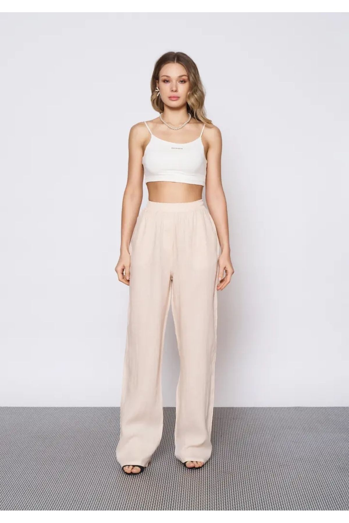 EUROFASHION Bej Beli Lastikli Keten Pantolon
