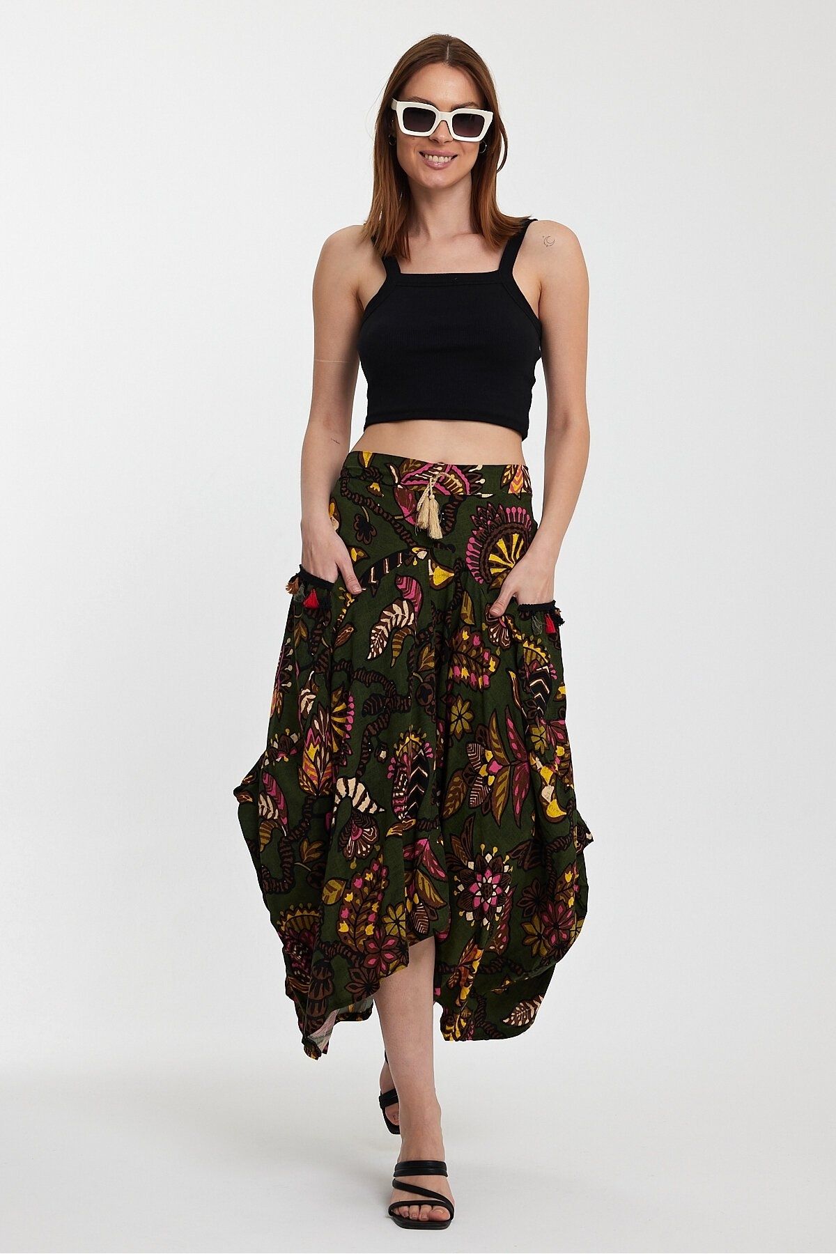 Buklemoda Yeşil Otantik Desen Cepli Şalvar Model Etek