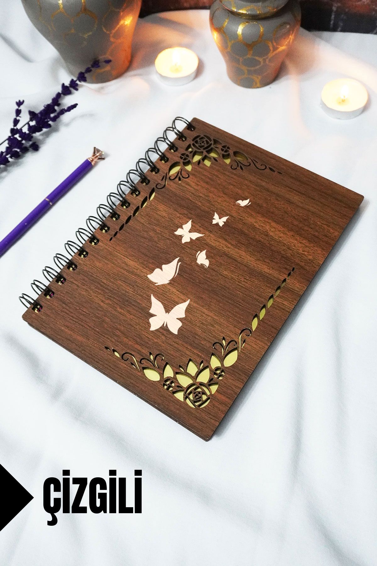 markcat Kelebek Ahşap Kapaklı Spiralli Okul Defteri - Çizgili Defter - 60 yaprak (120 sayfa) - A5 15x21 cm