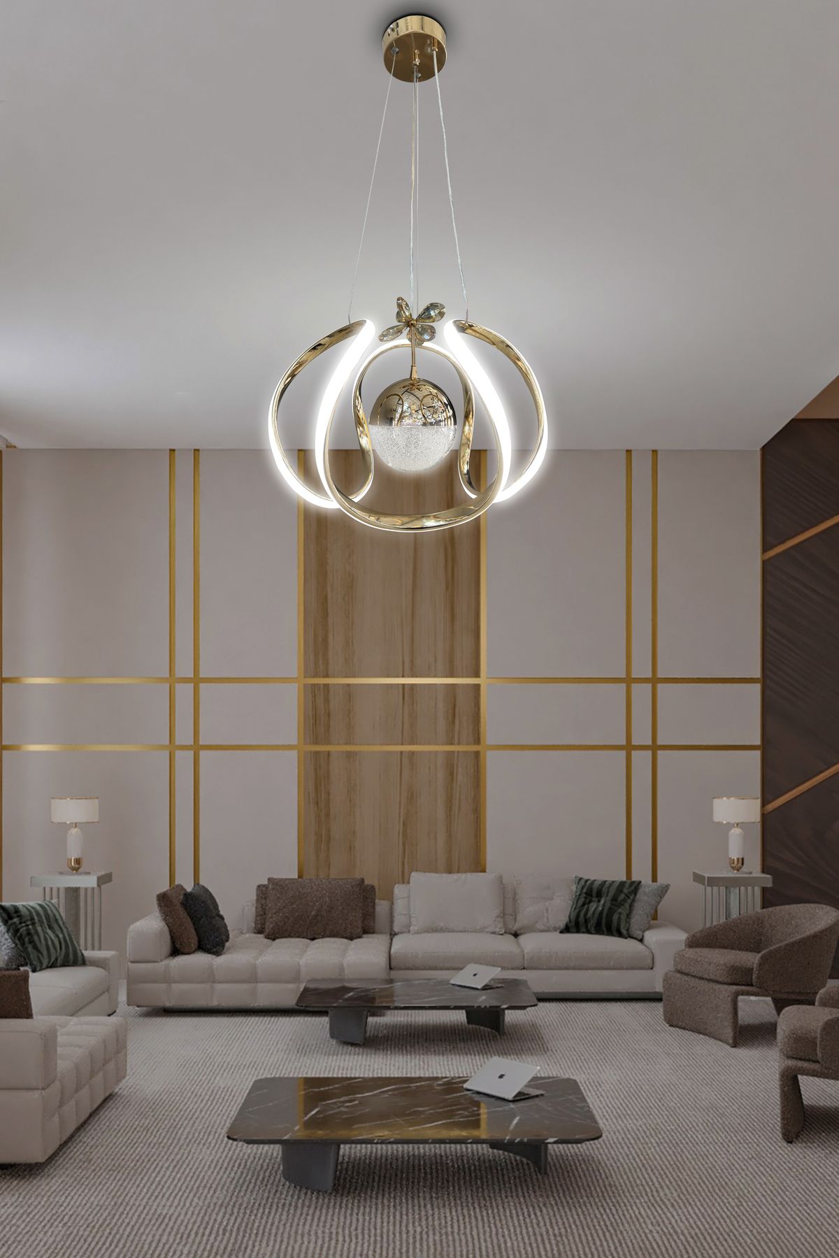 RSCOLLECTIONS Arya Tek Toplu Led Avize 2 mt - Salon & Oturma Odası Avizesi Kumandalı Gold